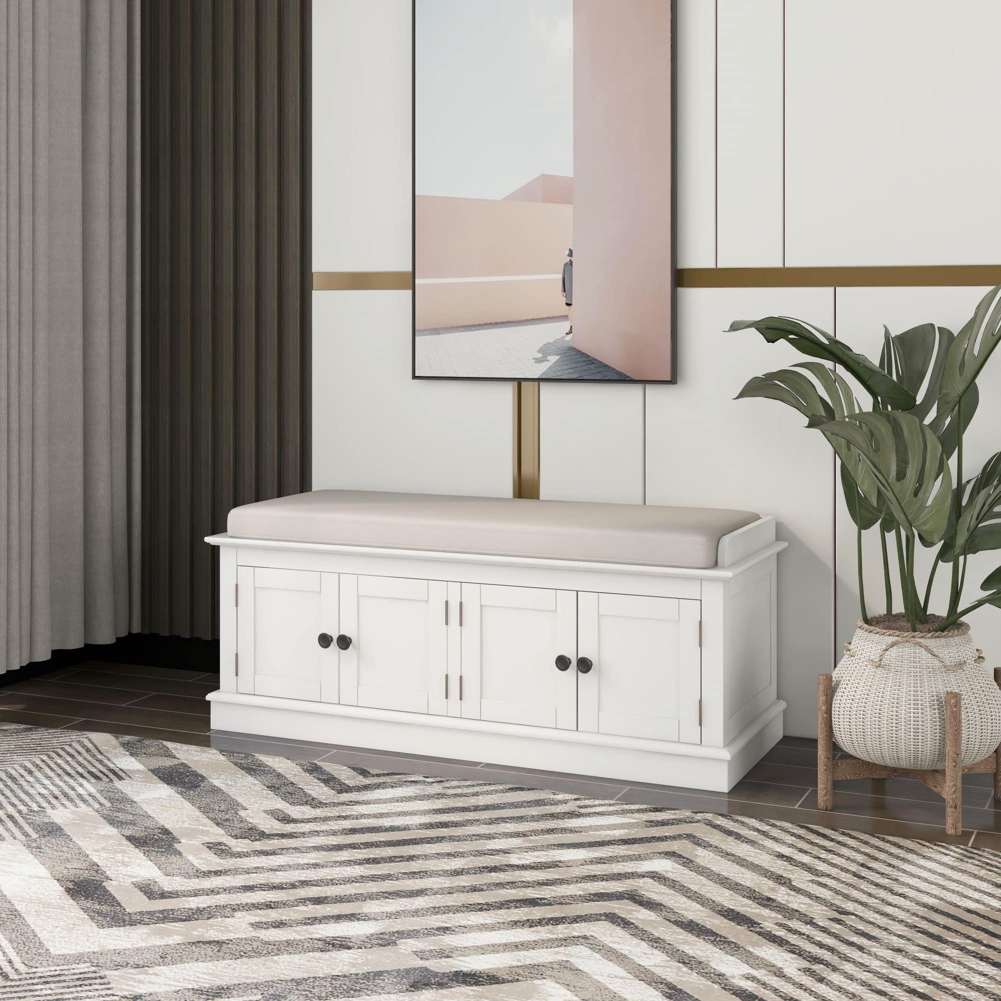 RUNNA White Wooden Storage Bench with 4 Doors & Adjustable Shelves - Entryway Shoe Organizer, Ottoman Cabinet with Removable Cushion for Hallway, Living Room, Bedroom - Perfect for Small Space Organization & Entryway Seating