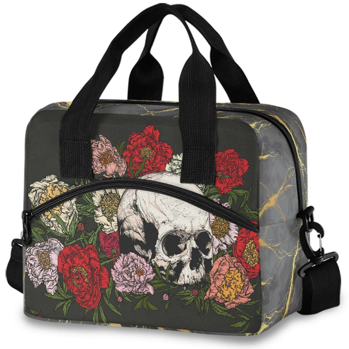 MNSRUU Insulated Lunch Bag with Skull & Peonies Design - Reusable Leakproof Lunch Tote for Men & Women - Perfect for Work, School, Picnics & Outdoor Activities