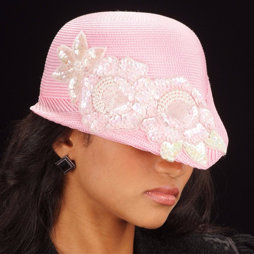 OE8012 Baby Pink Straw Hat with Sequin Flower Applique - Stylish Summer Sun Hat for Women, Girls, Beach, Wedding & Outdoor Activities