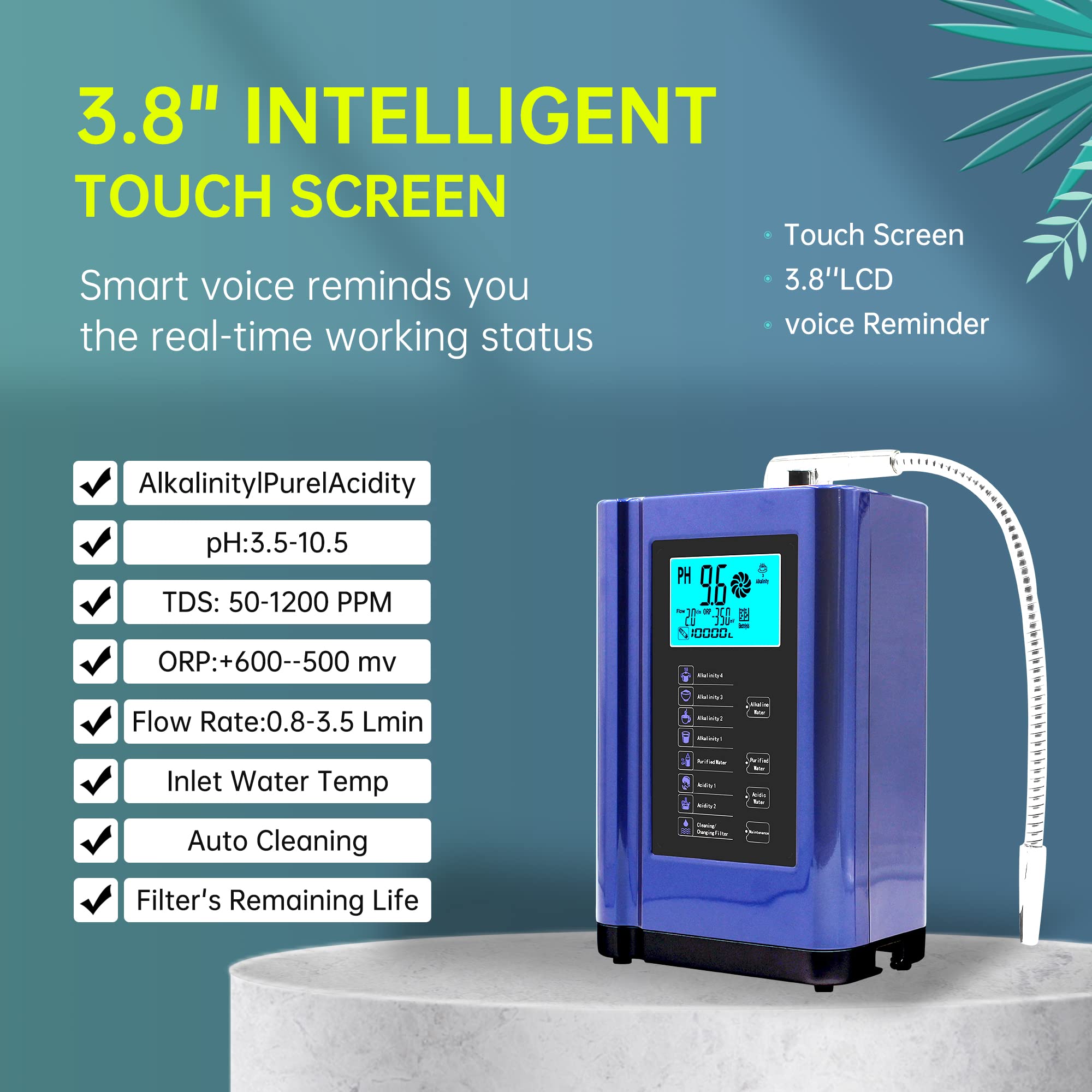 Premium Alkaline Water Ionizer Machine - pH 3.5-10.5 Adjustable, -500mV ORP, 8000L Filter Capacity, 7 Water Settings, Auto-Cleaning & Voice Control (Blue) - Perfect for Home, Office & Health Enthusiasts