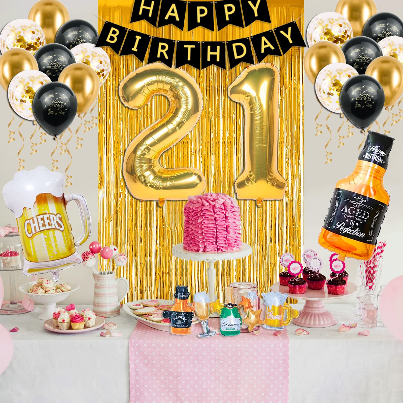21st Birthday Party Decorations for Him & Her - Black & Gold Balloons, Banner, Fringe Curtain & Confetti Set - Perfect for 21st Birthday Celebrations, Milestone Parties & Adult Birthday Decor