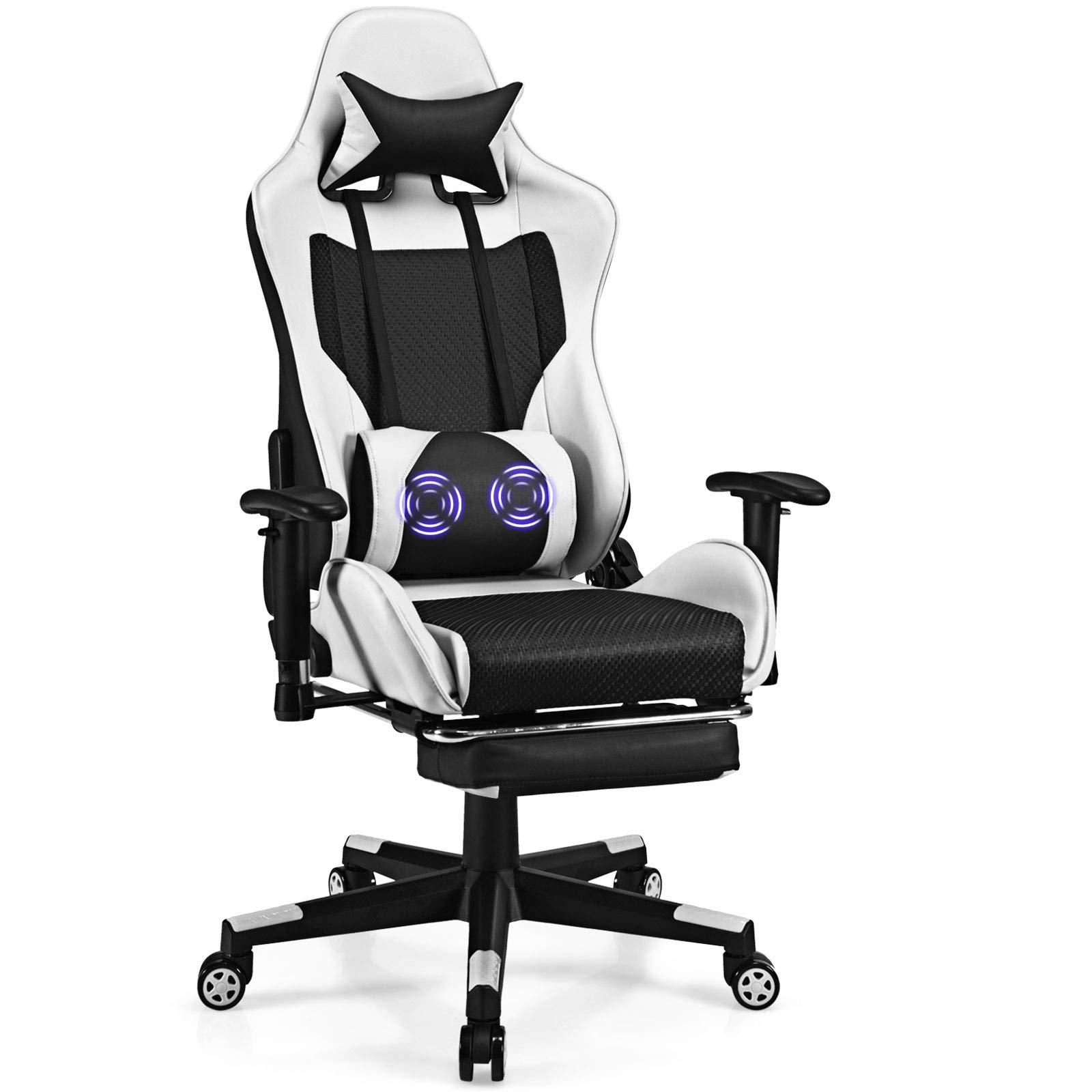 Giantex Ergonomic Massage Gaming Chair with Footrest & Lumbar Support - High Back PU Leather Computer Chair for E-Sports, Office & Home Use - White (Perfect for Gaming, Working & Relaxing)