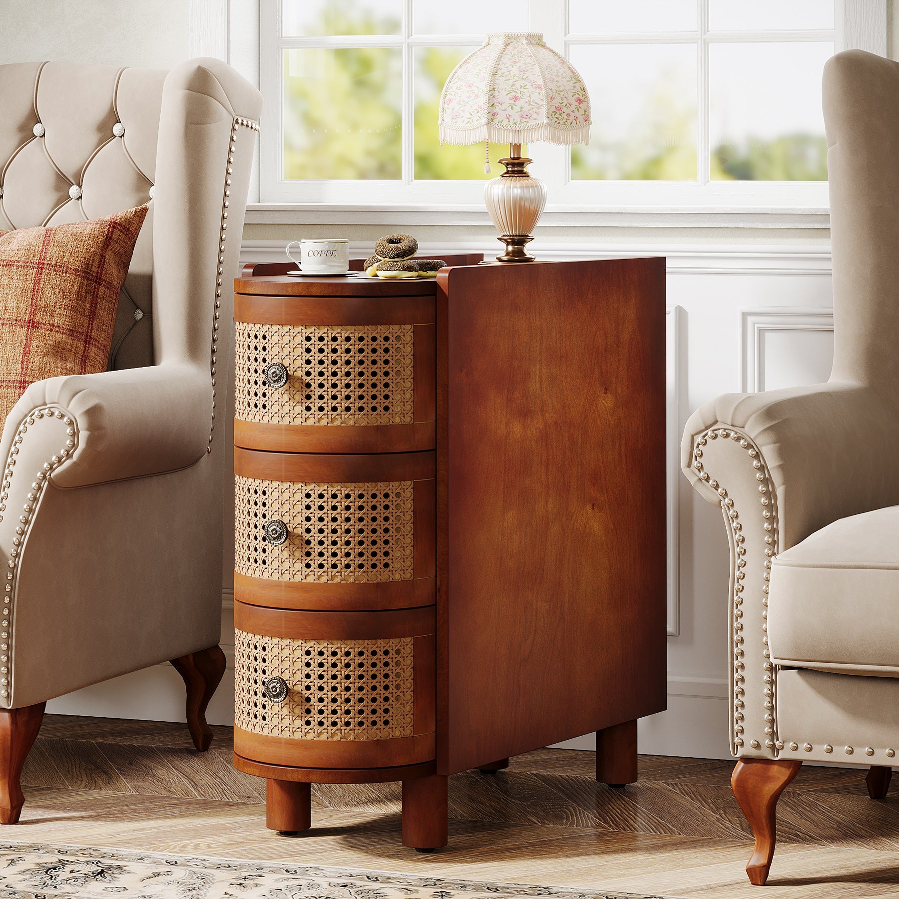 Modern Wooden End Table with 3 Rattan Drawers - Nightstand, Side Table for Bedroom, Living Room | Perfect for Small Spaces, Apartment Decor & Storage Solutions