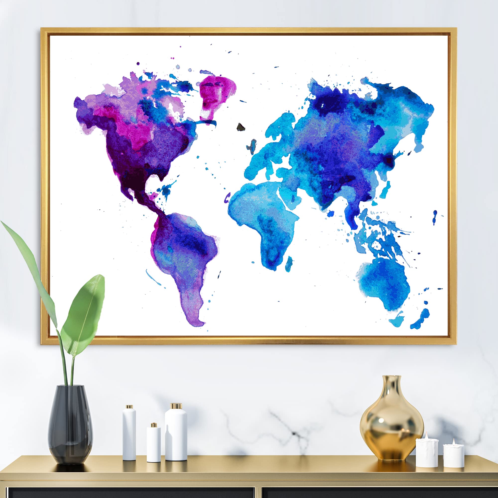 DesignQ Purple and Blue World Map Canvas Wall Art - Modern Framed Print for Home & Office Decor | Perfect for Living Room, Bedroom or Study