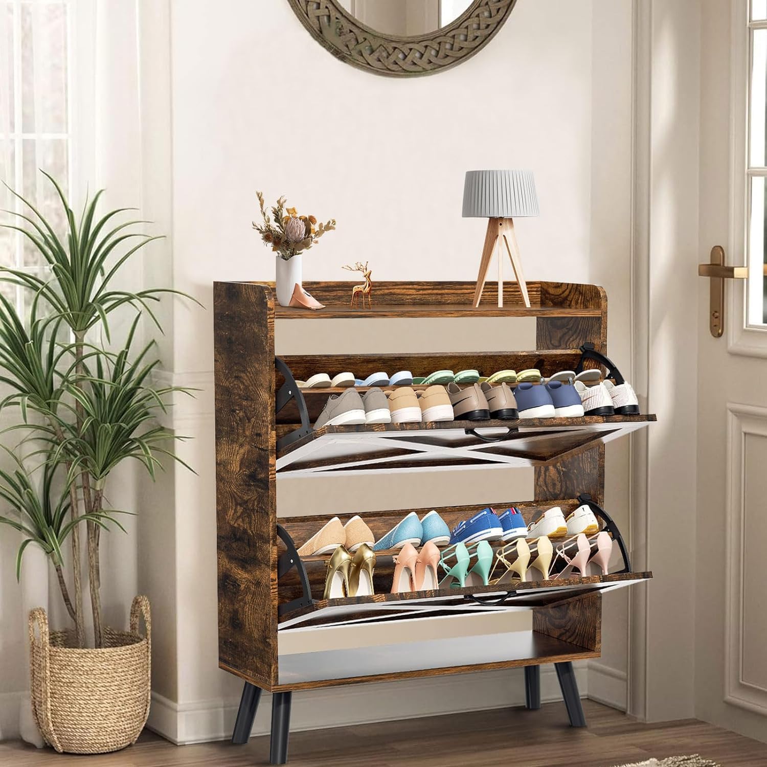 Betterland 2-Tier Flip-Drawer Shoe Storage Cabinet - Freestanding Shoe Organizer Rack for Entryway, Hallway & Living Room - Space-Saving Narrow Design (Large, Brown) - Perfect for Small Apartments & Closet Organization
