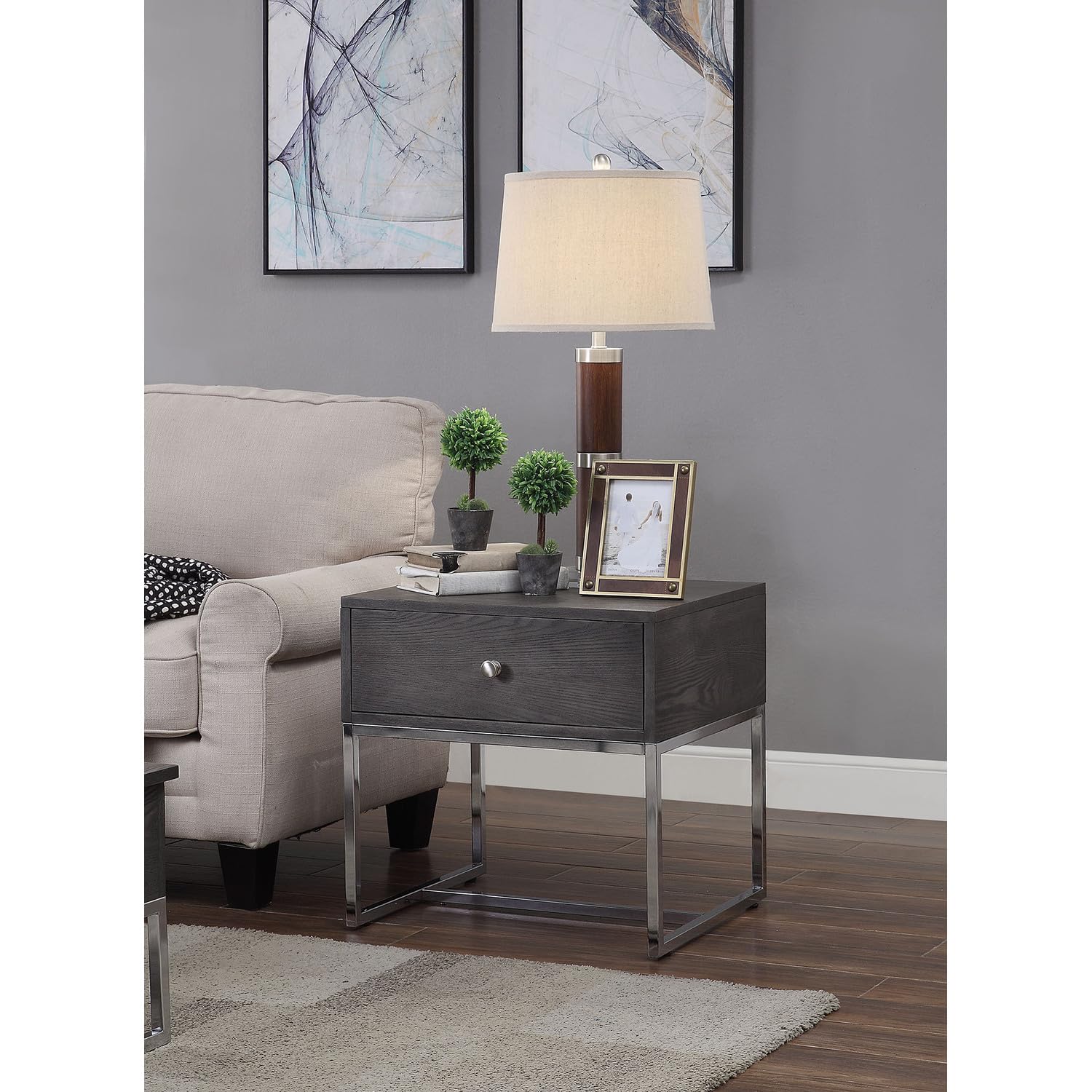 Benjara Modern Wooden End Table with Tubular Metal Base & Spacious Storage Drawer - Gray & Silver Finish - Perfect for Living Room, Bedroom or Office Side Table