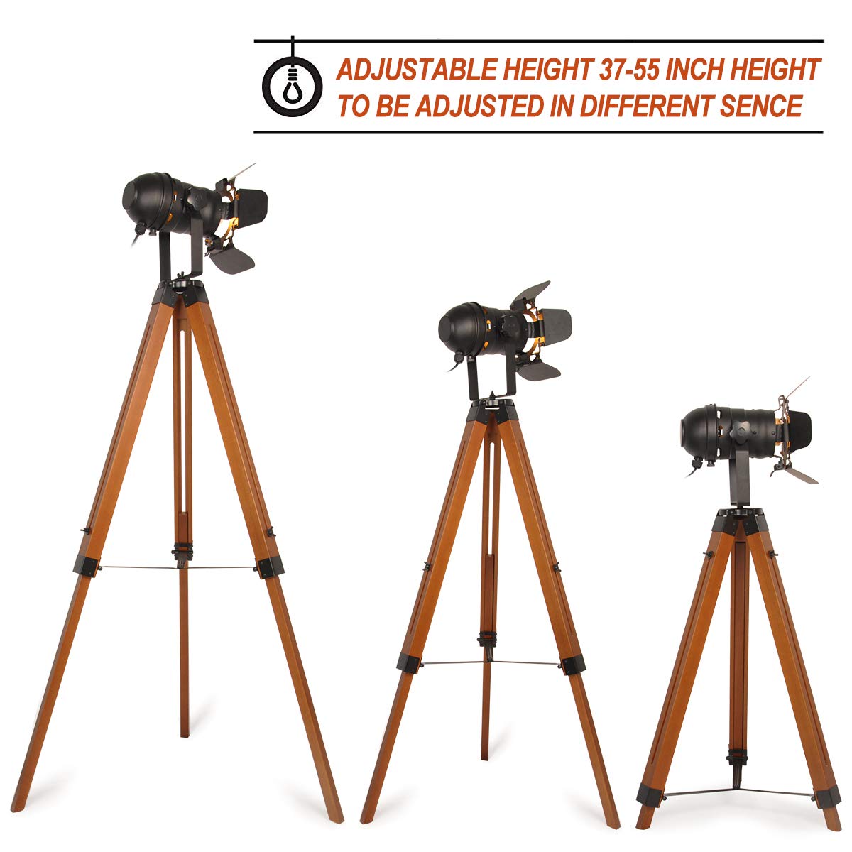 **Industrial Floor Lamp - Adjustable Tripod Standing Light with Wood Base & Metal Shade, E26 Socket for Living Room, Bedroom, Office, Studio & Farmhouse Decor - Perfect for Reading, Cinema Lighting & Retro Ambiance**