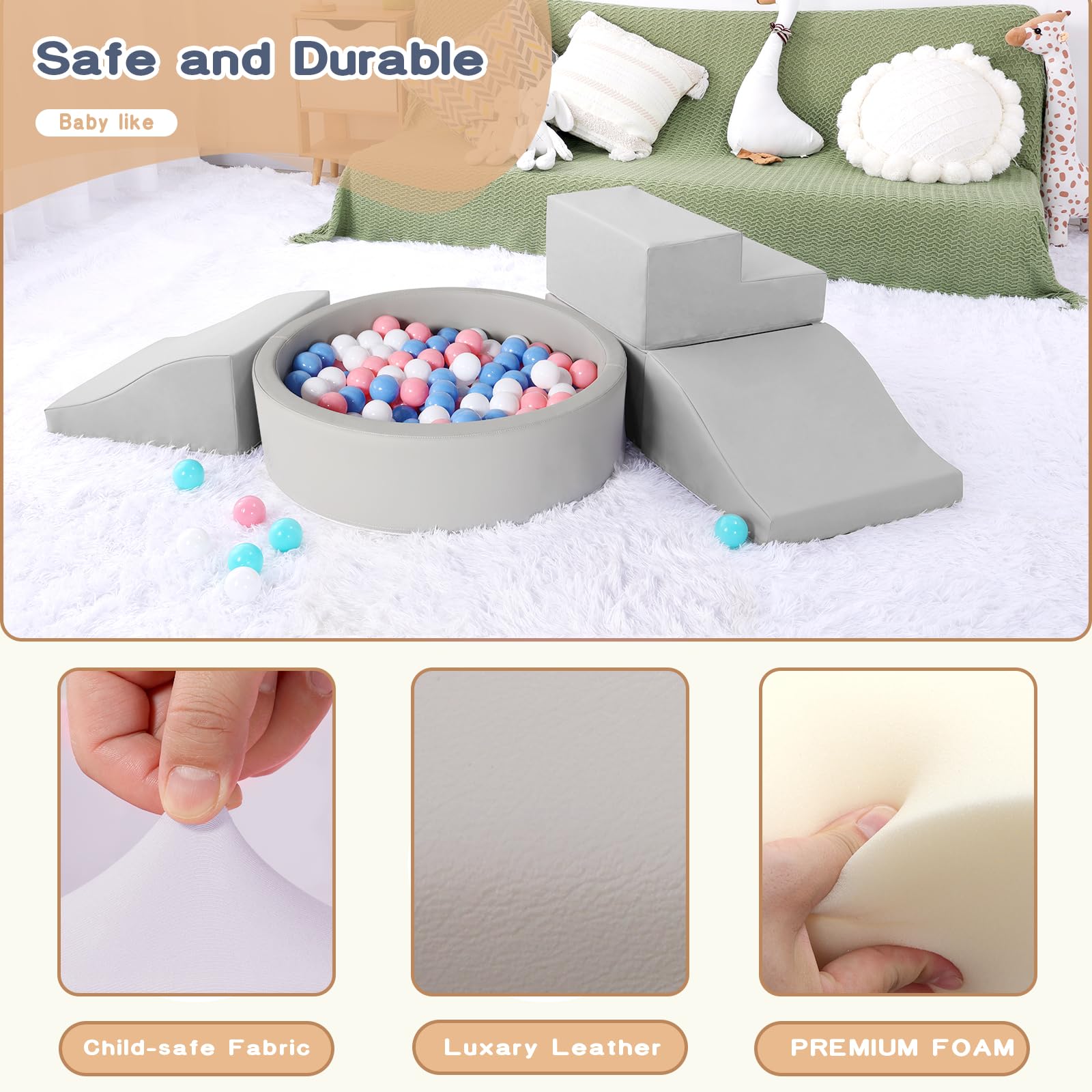 Soft Foam Climbing Blocks for Toddlers - 4-Piece PU Leather Climbing Toys with Ball Pit | Safe Indoor Play Equipment for Kids Crawling, Sliding & Learning | Perfect for Playrooms, Daycares & Home Gyms