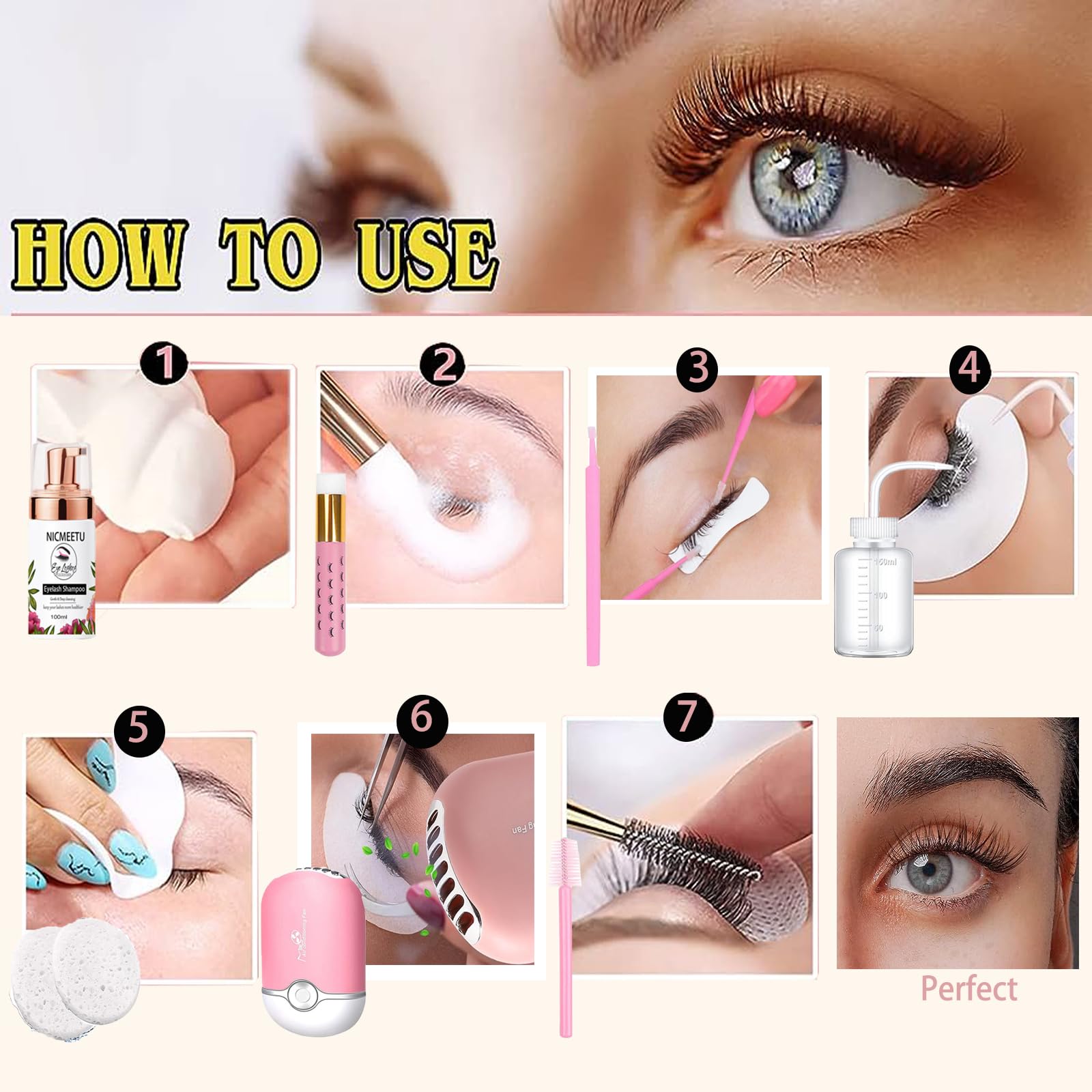 100ML Lash Shampoo Kit for Eyelash Extensions - Includes USB Fan, 50 Eyelash Brushes, 100 Micro Brushes, 2 Shampoo Brushes, 2 Sponges & Rinse Bottle - Perfect for Salon Professionals & Home Lash Care
