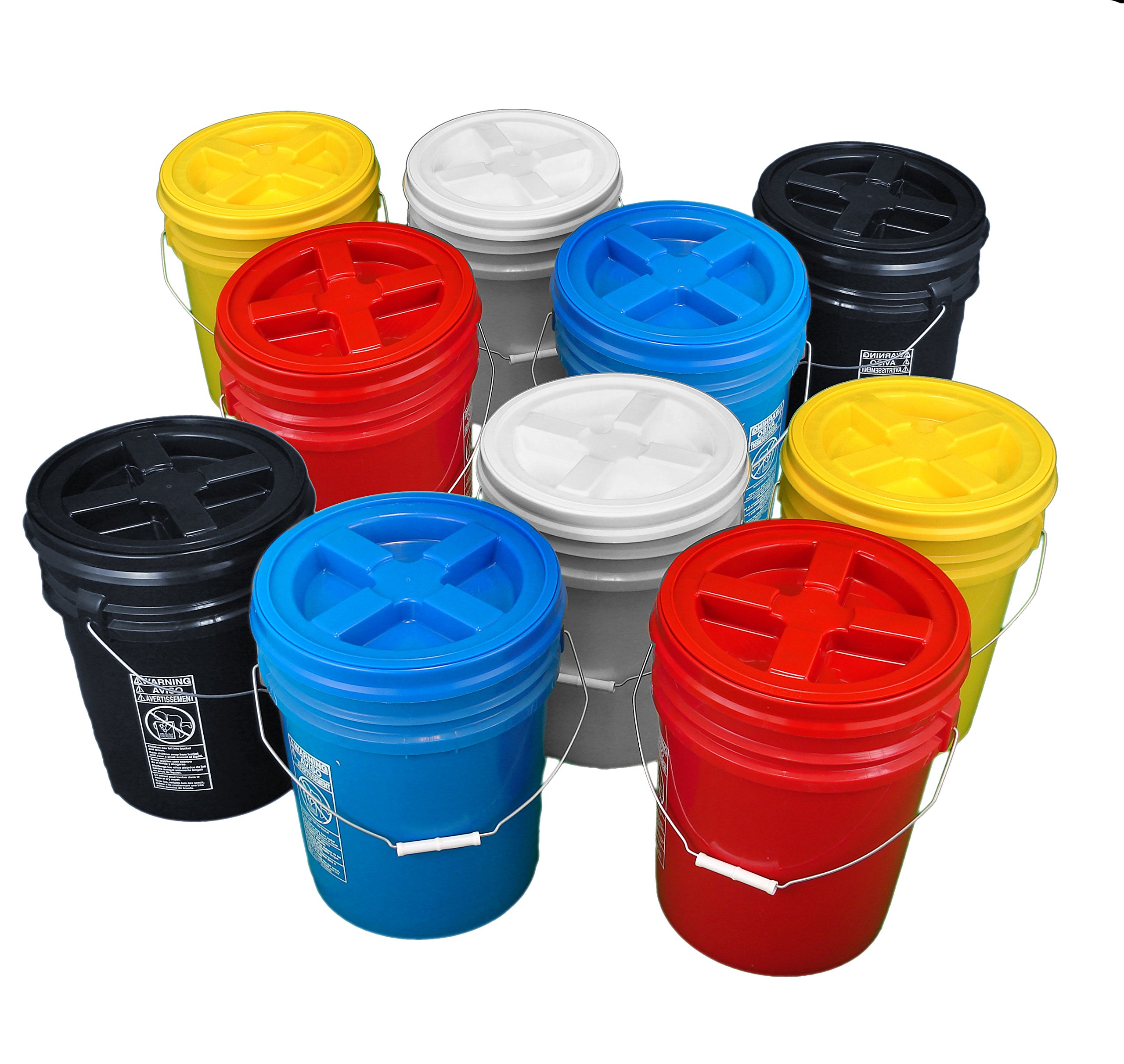 10 Pack 5 Gallon Multi-Colored Buckets with Gamma Seal Lids - Heavy Duty Storage Containers for Food, Paint, Construction & Home Organization
