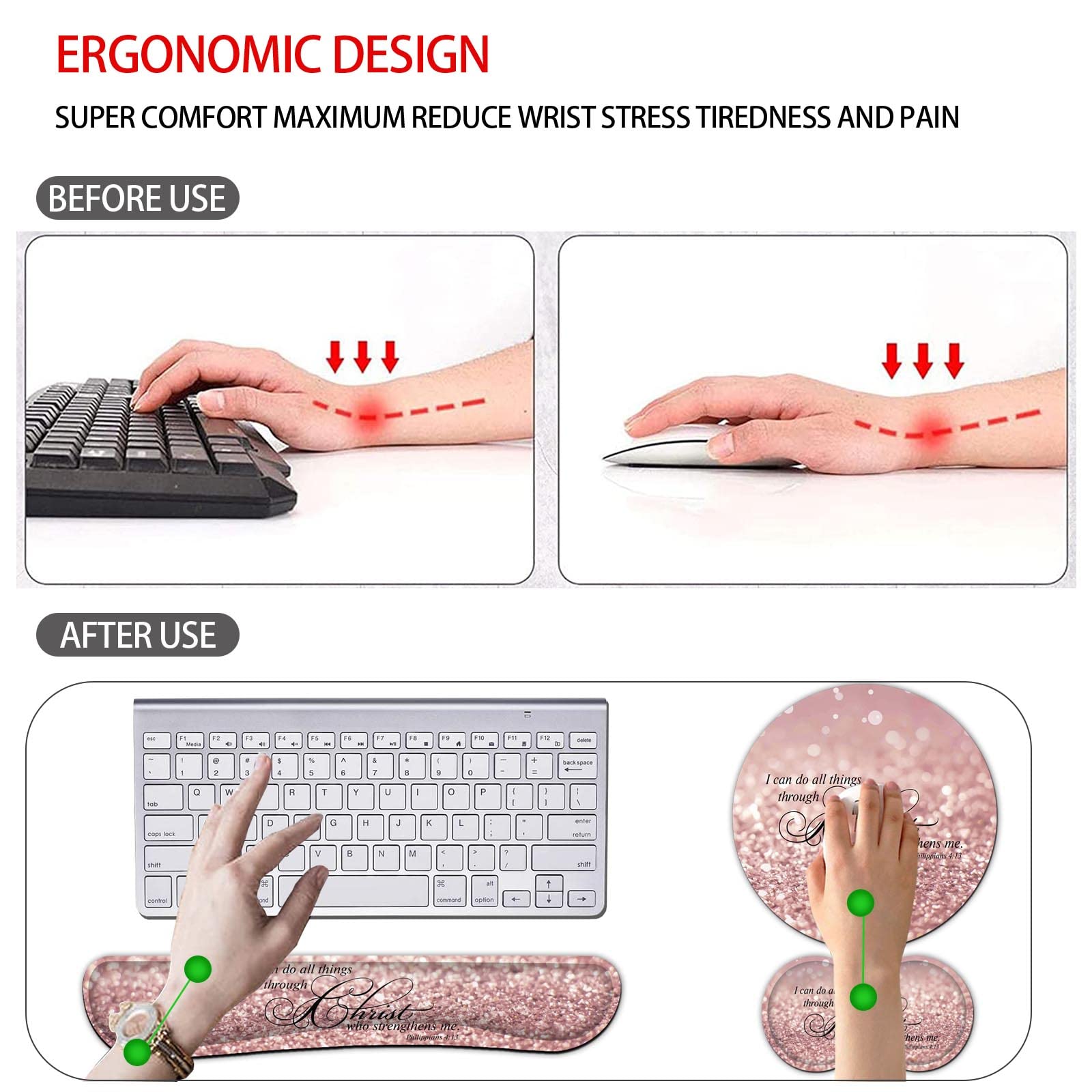 Ergonomic 4-Piece Keyboard & Mouse Wrist Rest Set with Memory Foam Support & Coaster - Pink Glitter Design for Comfortable Computer Use at Home & Office (Philippians 4:13 Inspired) | Perfect for Typing, Gaming & Long Work Sessions