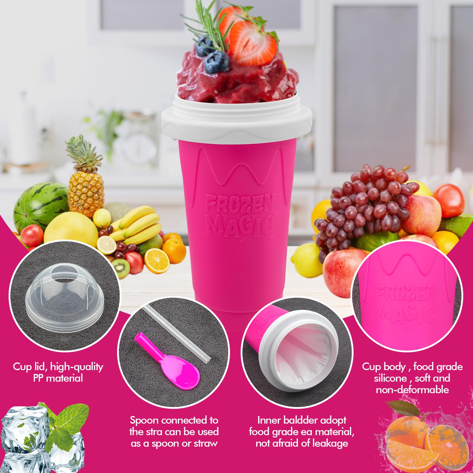 Magic Slushie Maker Cup - DIY Portable Smoothie Squeeze Cup for Juices, Milk & Ice Cream - Double Layer Silica Cup with Lid & Straw - Perfect for Parties, Summer Treats & Family Gifts (Red)