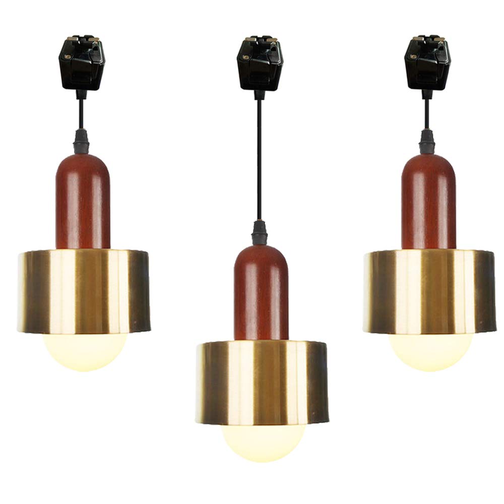 Dimmable Modern J-Type Track Light with Wooden Handle & Gold Lampshade - Compatible with Juno Track System - Mini Pendant Lighting for Kitchen Island, Dining Room & Bar Counter - Customizable 3-Light Hanging Fixture Set