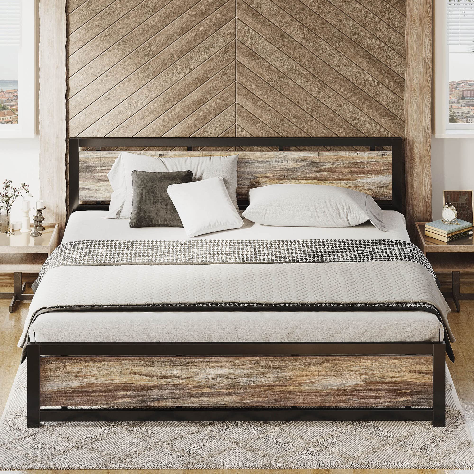 LIKIMIO King Size Bed Frame with Headboard - Sturdy Metal Platform Bed Frame, Easy Assembly, Noise-Free, No Box Spring Needed, Rustic Brown Finish - Perfect for Master Bedroom, Guest Room & Modern Farmhouse Decor