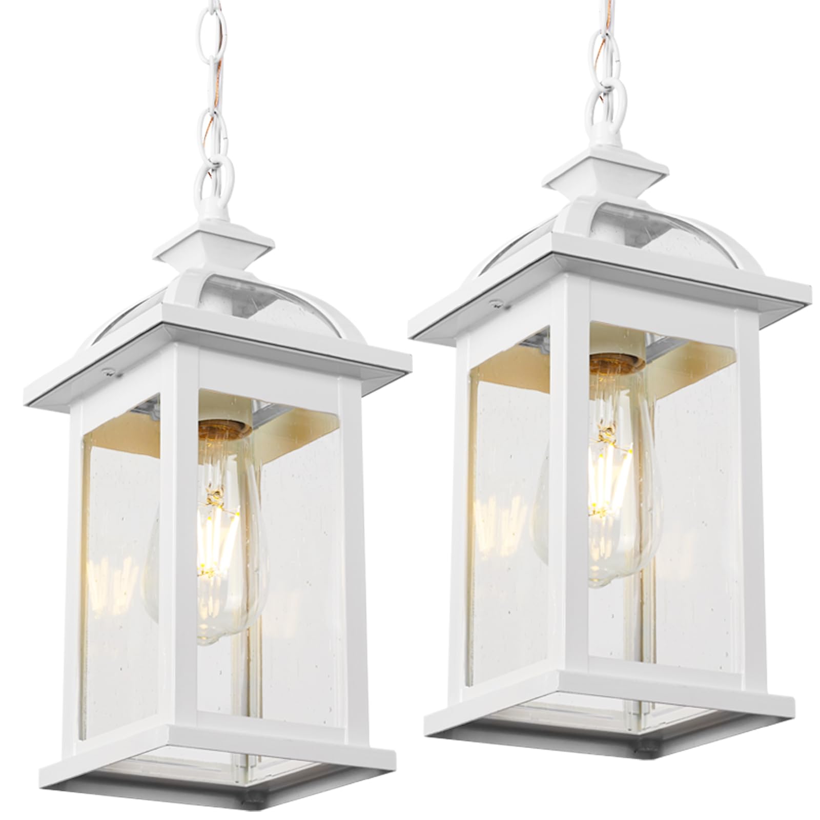 Darkaway Outdoor Pendant Light Fixture - 2 Pack White Aluminum Hanging Lantern with Glass Shade for Porch, Patio, Entryway - Weatherproof Exterior Lighting for Outdoor Decor & Ambiance