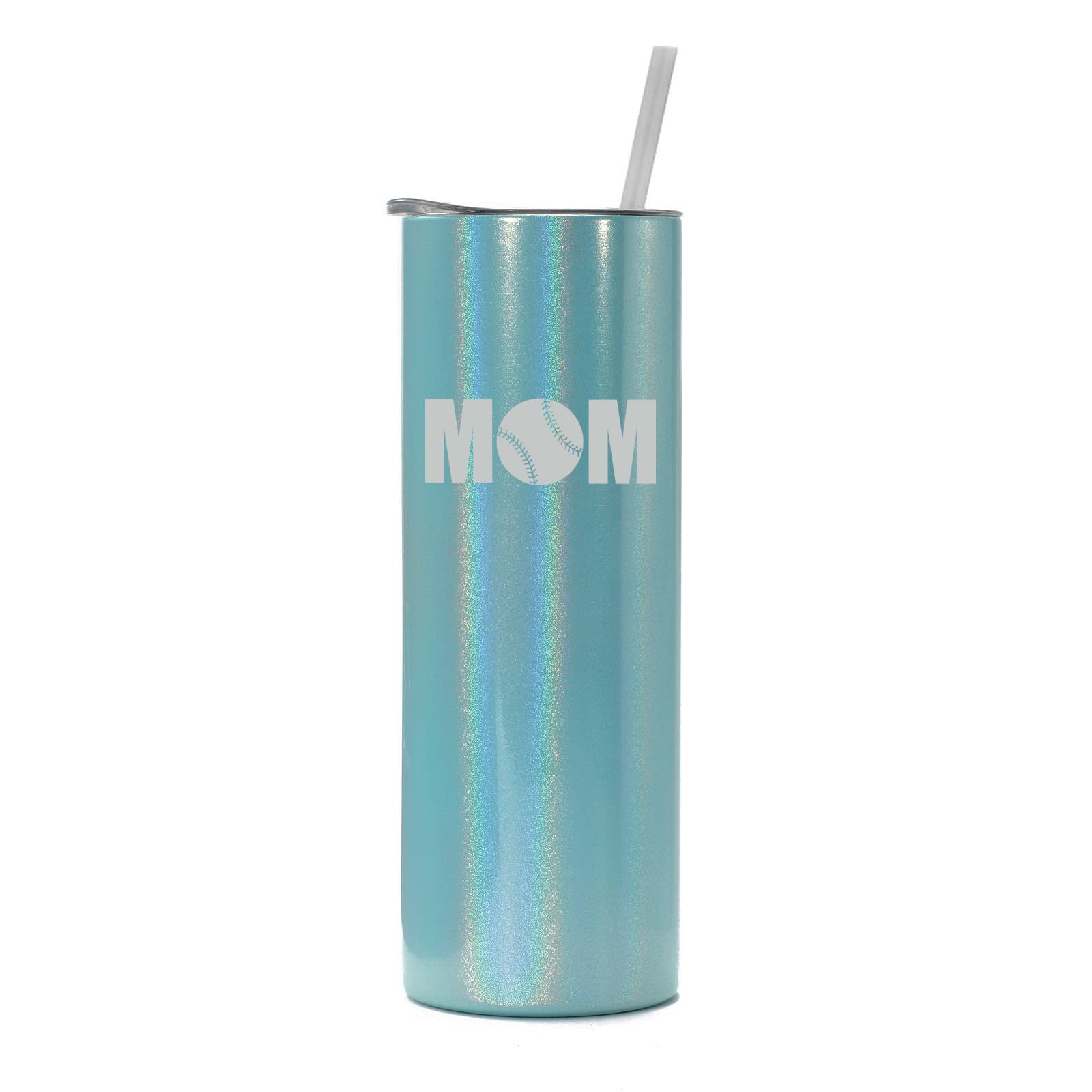 20 oz Skinny Tall Stainless Steel Tumbler - Vacuum Insulated Travel Mug with Straw & Lid - Light Blue Iridescent Glitter - Perfect for Baseball/Softball Moms, Gym, Office & Outdoor Activities