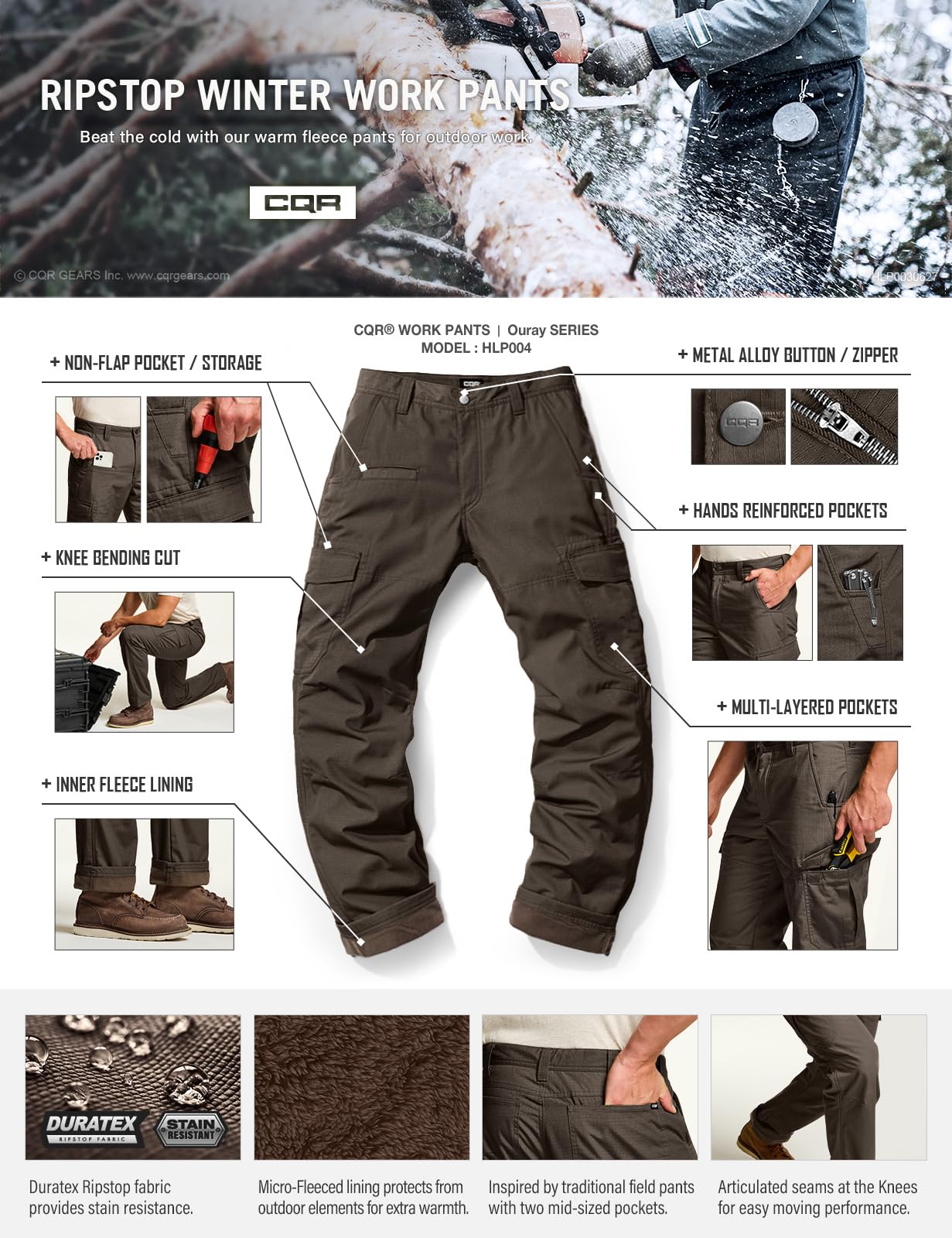 CQR Men's Winter Tactical Pants - Fleece Lined Thermal Hiking Work Pants for Outdoor Activities, Snow Skiing & Cold Weather Adventures | Durable Cargo Pants with Multiple Pockets for Camping, Hunting & Winter Sports