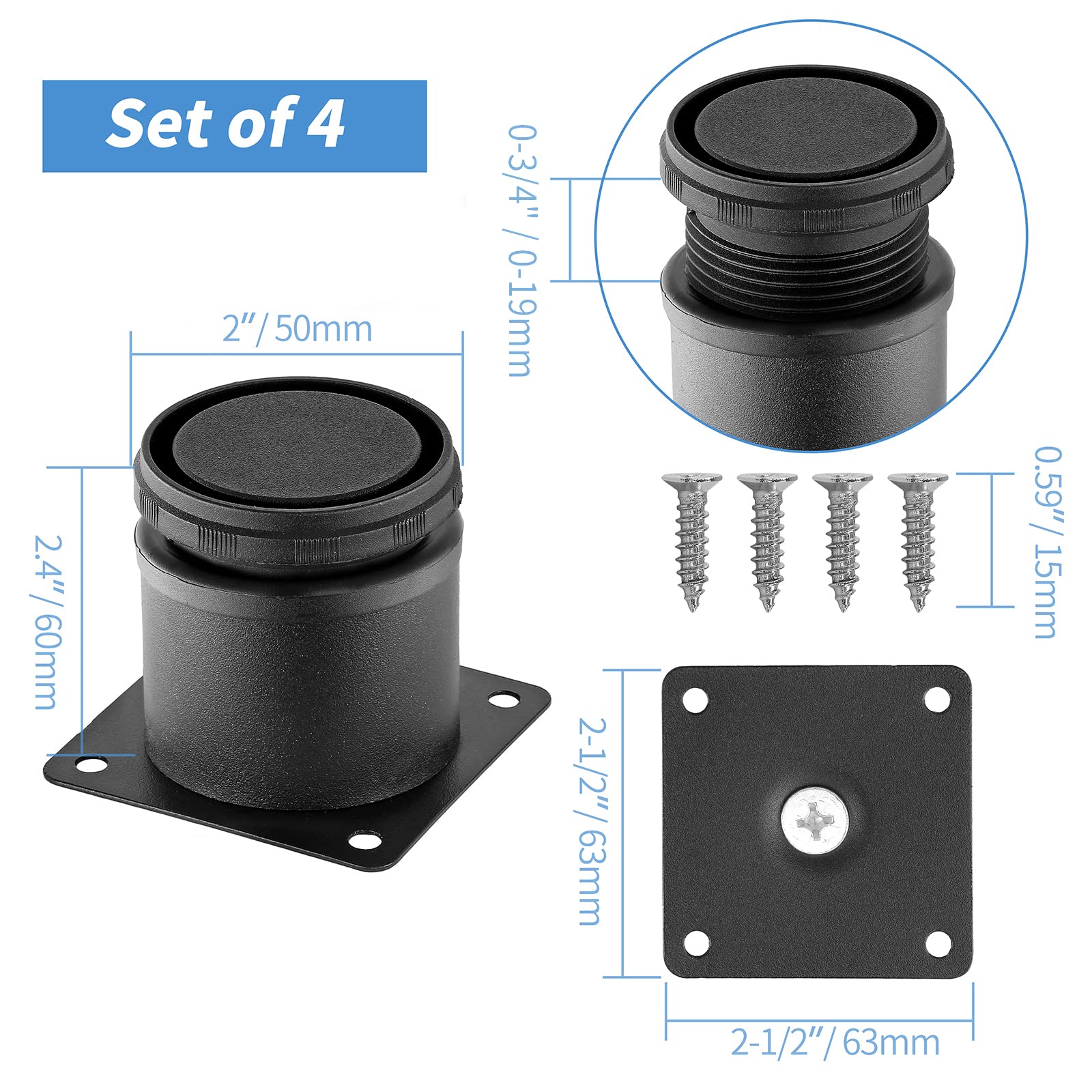 2.5 Inch Adjustable Stainless Steel Metal Furniture Legs - Round Black Cabinet Legs for Coffee Table, Desk, Sofa & Shelves (Pack of 4) - Perfect for Modern Home & Office Furniture Upgrades
