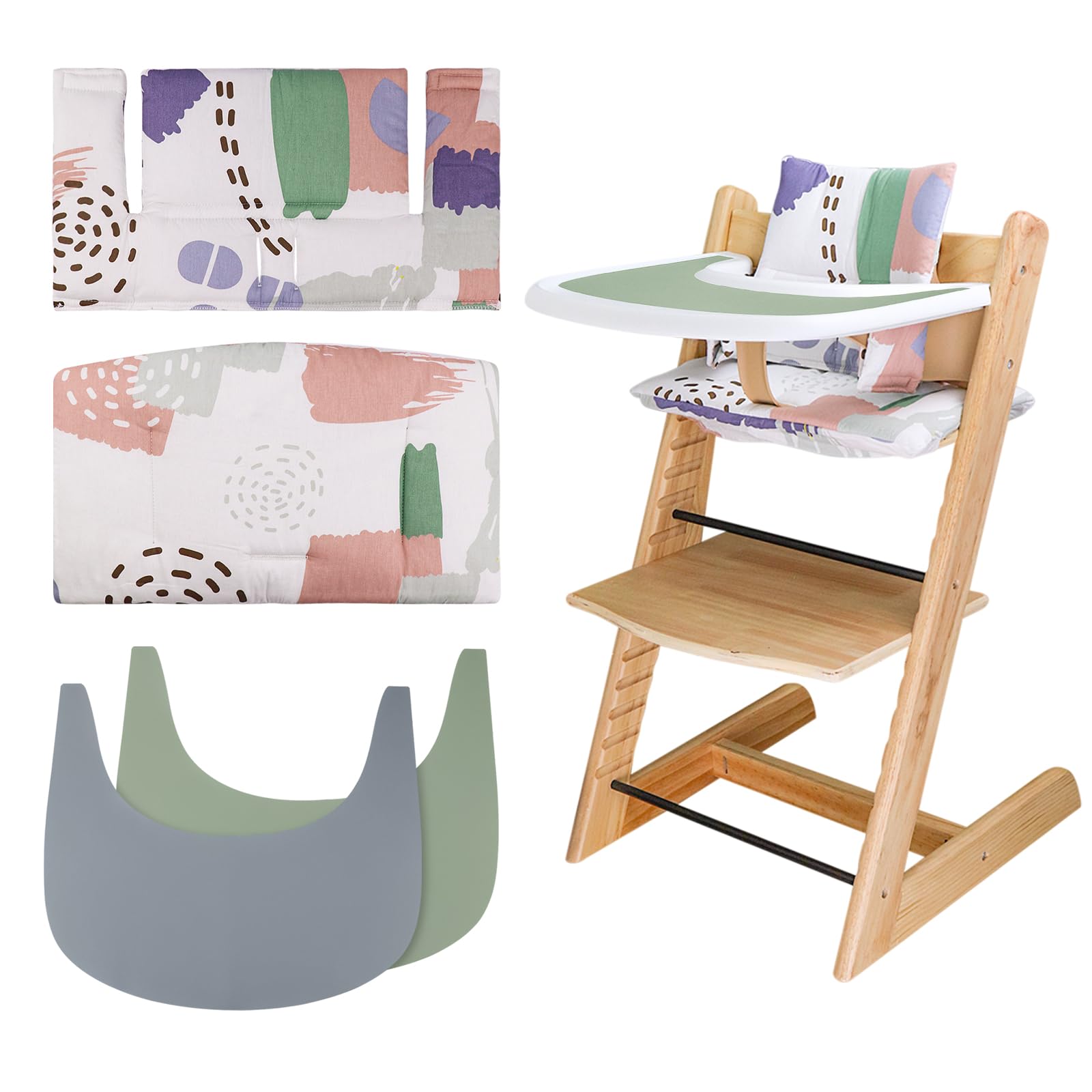 Tripp Trapp High Chair Cushion Set with 2 Placemats - Soft Baby Feeding Seat Cover for Stokke Tripp Trapp Chair - Light Color Print Design for Comfortable Mealtime & Playtime