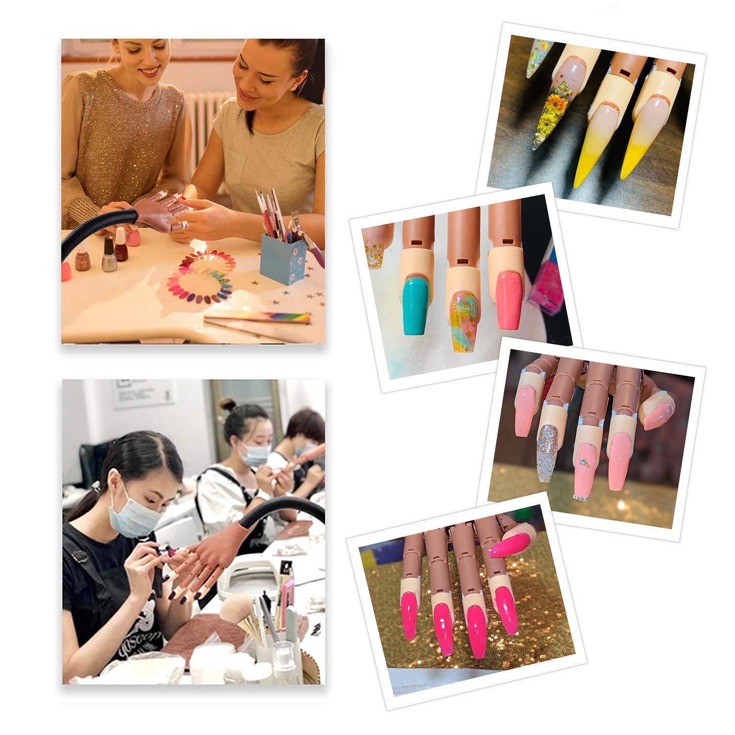 Professional Acrylic Nail Training Hand - Flexible Movable Fake Model Hands for Nail Manicure Practice, Nail Technician Supplies & DIY Manicure Training Tool (B-Nail Training Hand Set) - Perfect for Salon Students, Beginners & Home Nail Art Practice