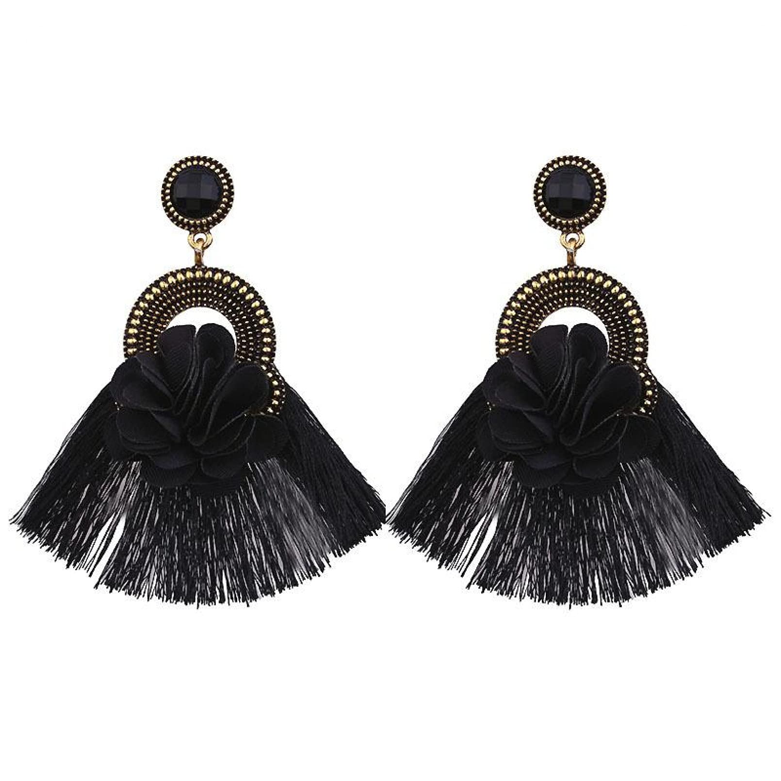 Exaggerated Tassel Earrings for Women - Vintage Silver Flower Dangle Earrings with Zircon Stones in Red, Blue, Black, White & Pink | Perfect Jewelry Gift for Girlfriend, Wife, Sister, Daughter or Mother | Great for Parties, Weddings & Special Occasions