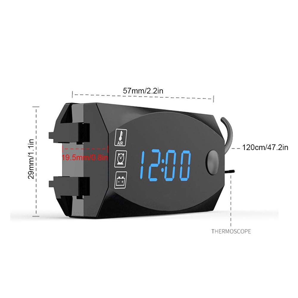 3-in-1 Motorcycle LED Meter - Voltmeter Thermometer Clock (Blue) for Bike Dashboard