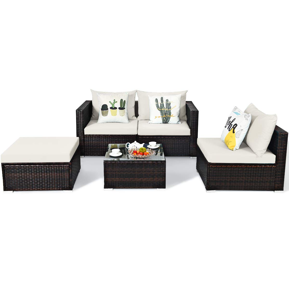 Tangkula 5-Piece Outdoor Patio Furniture Set - Sturdy Wicker Sectional Sofa with Glass Top Coffee Table, 360lb Weight Capacity - Perfect for Porch, Garden, Poolside & Backyard Relaxation (White)