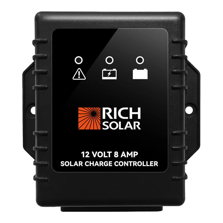 Rich Solar 8 Amp PWM Waterproof Solar Charge Controller - 12V/24V Auto, LCD Display for Solar Panel Battery Charging - Perfect for RV, Marine, Off-Grid & Home Solar Systems