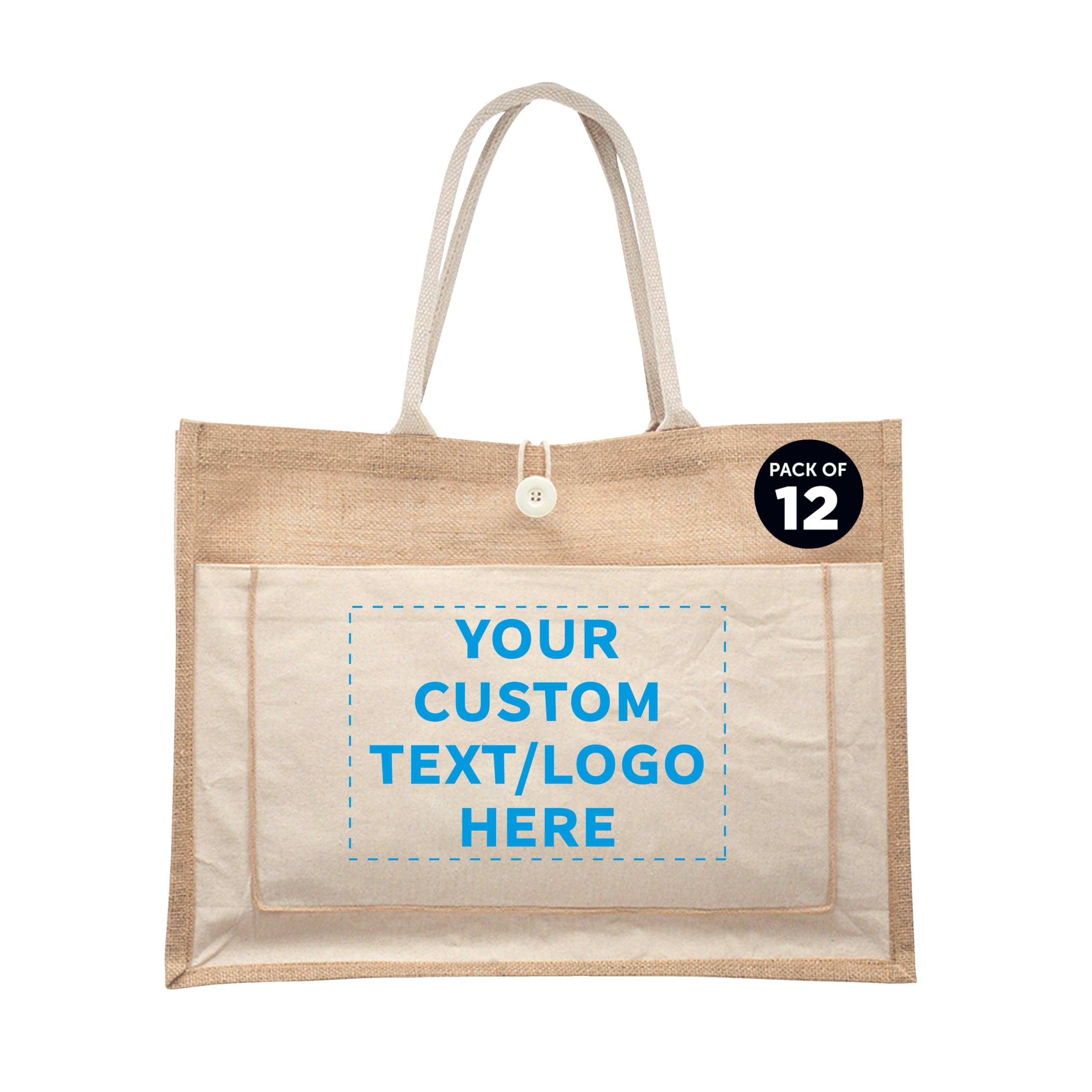 Custom Personalized Jute Tote Bags with Cotton Pockets - Bulk Pack of 50 Reusable Eco-Friendly Shopping Bags - Perfect for Picnics, Beach Trips, Camping & Outdoor Activities - Natural Cotton Gift Bags for Retail Stores, Events & Promotional Giveaways