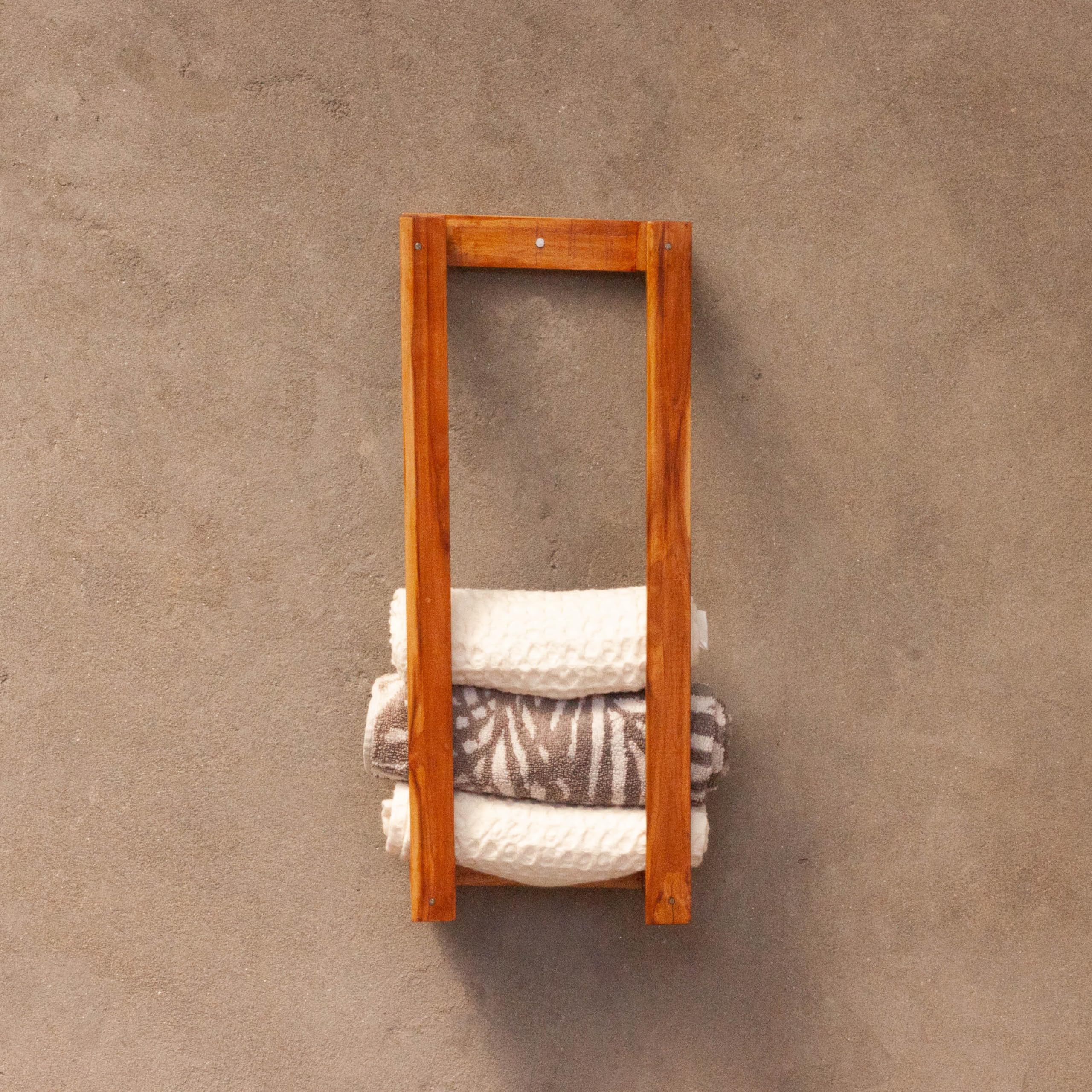 Premium Sheesham Wood Bathroom Towel Holder Stand - Solid Wood Wall Mounted Towel Rack & Shelf Organizer for Rolled Towels | Eco-Friendly Bathroom Storage Solution (50L x 20W x 8.8H cm) - Perfect for Spa, Guest Bathroom & Luxury Home Decor