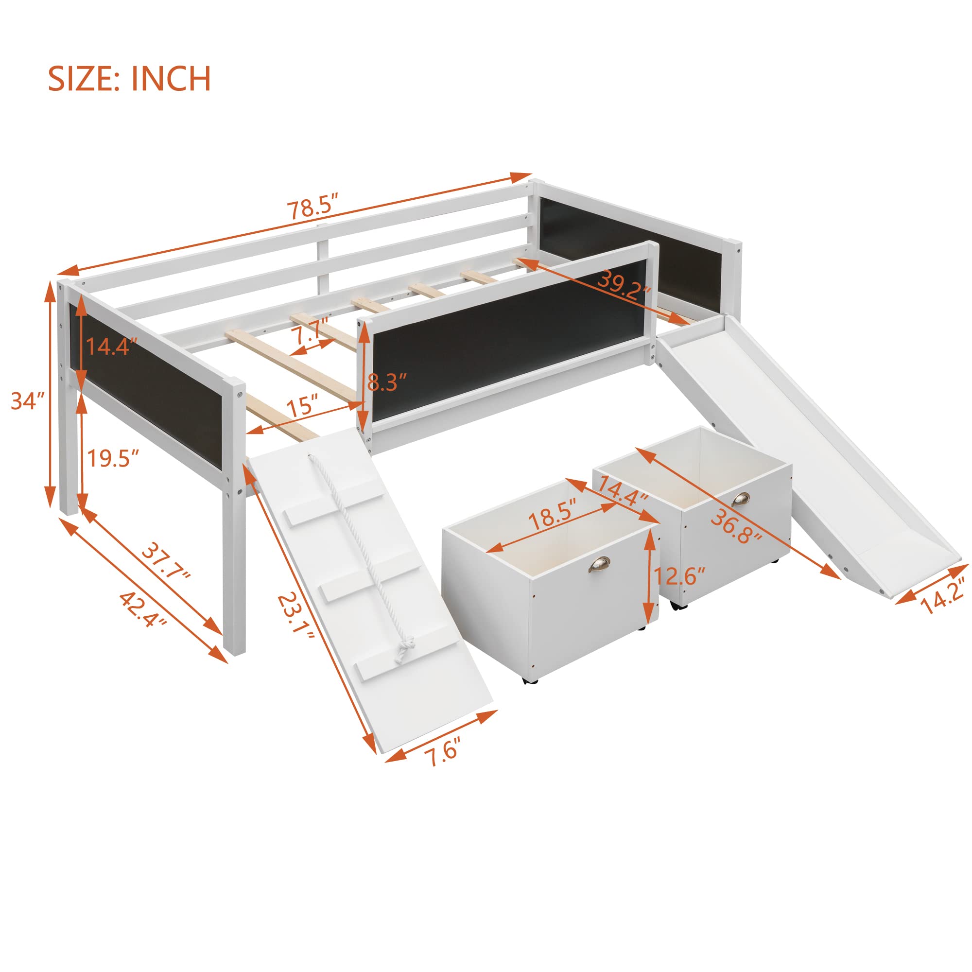 Harper & Bright Designs Twin Size Low Loft Bed with Slide, Climbing Frame, Rope & 2 Storage Boxes - Gray Wooden Kids Loft Bed with Chalkboard | Perfect for Small Bedrooms, Playrooms & Dorm Rooms