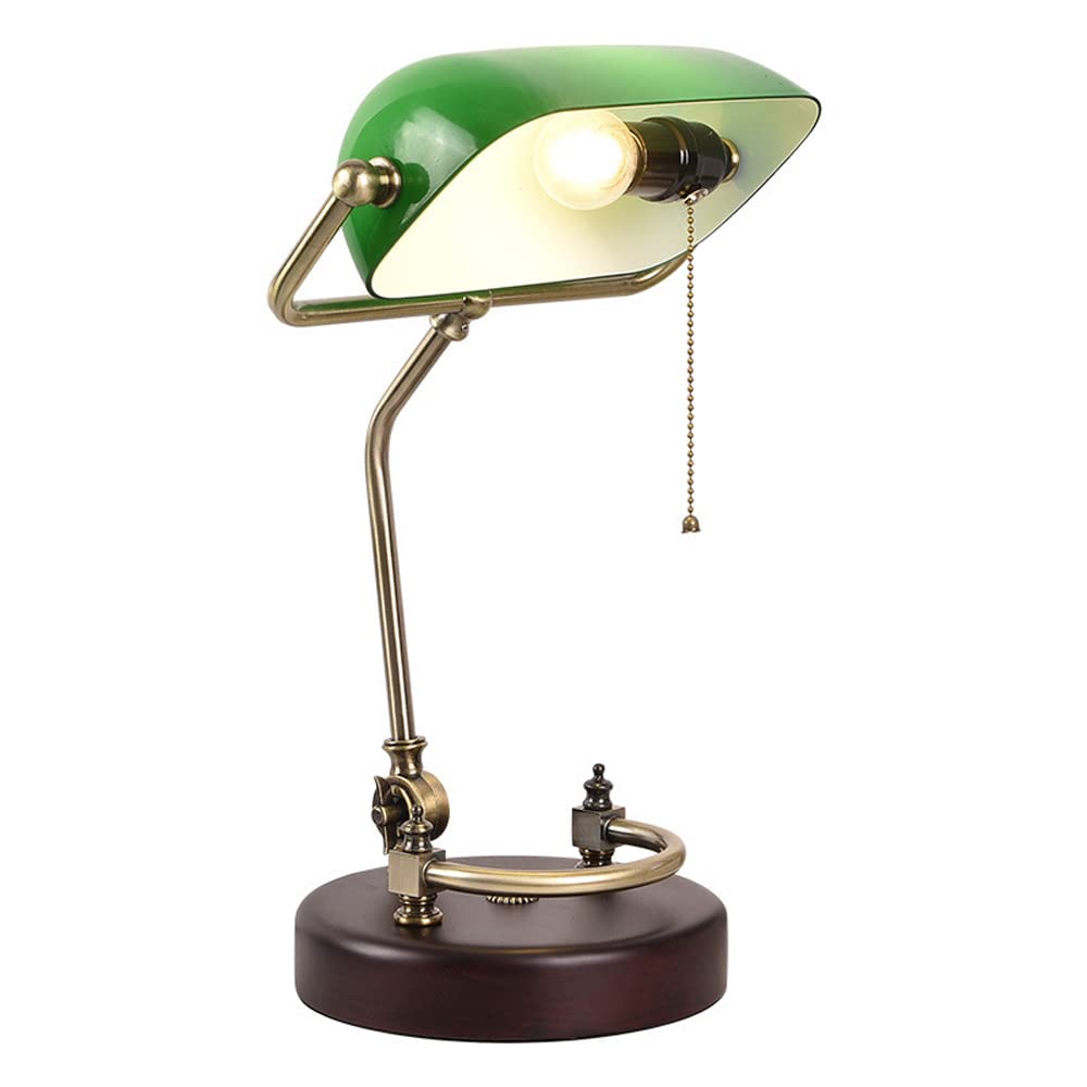 Adjustable Angle Bankers Desk Lamp with Green Glass Shade & Solid Wood Base - Vintage Style Office Lamp for Home, Workplace, Nightstand, Bedroom, Library, Piano - Perfect for Reading, Studying & Task Lighting