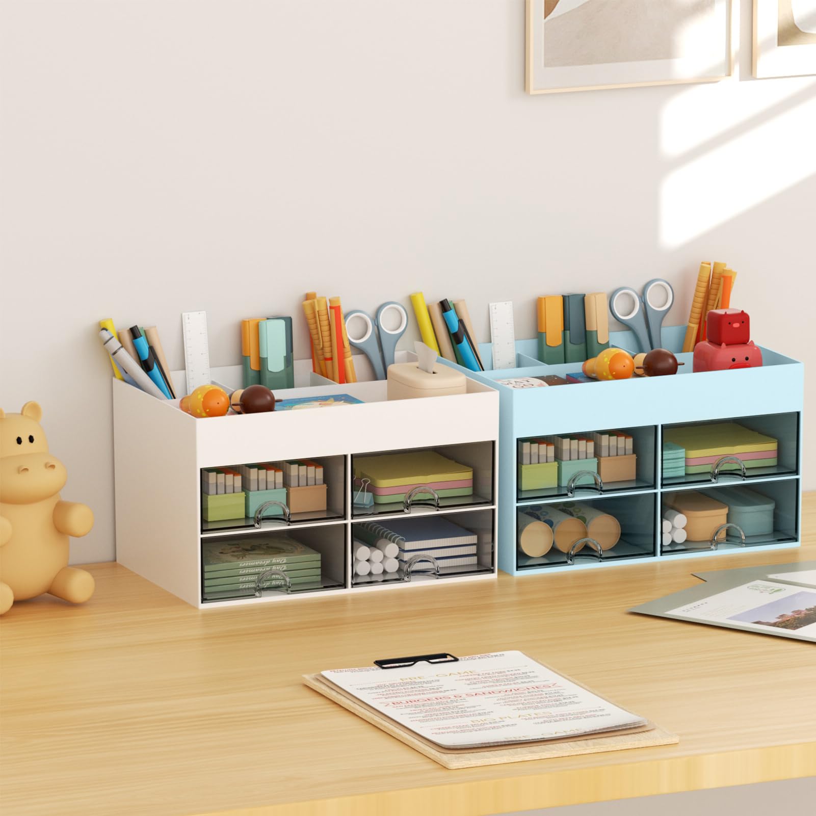 Marbrasse 4-Drawer Pen Organizer & Pencil Holder - Multi-Functional Desk Organizer with 4 Compartments for Office, School & Art Supplies - Perfect for Home, Office & Classroom Organization (Blue)