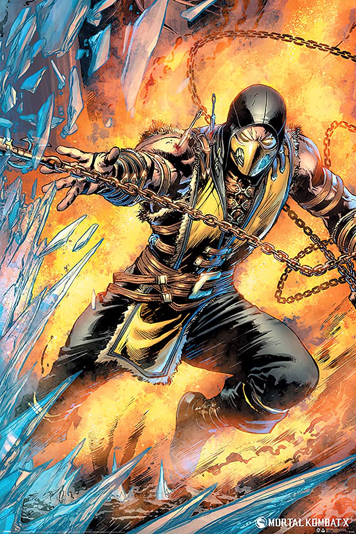 Mortal Kombat Scorpion Gaming Poster 24x36 Inches - Premium Fighting Game Wall Art with Clear Hanger for Bedroom & Game Room Decor