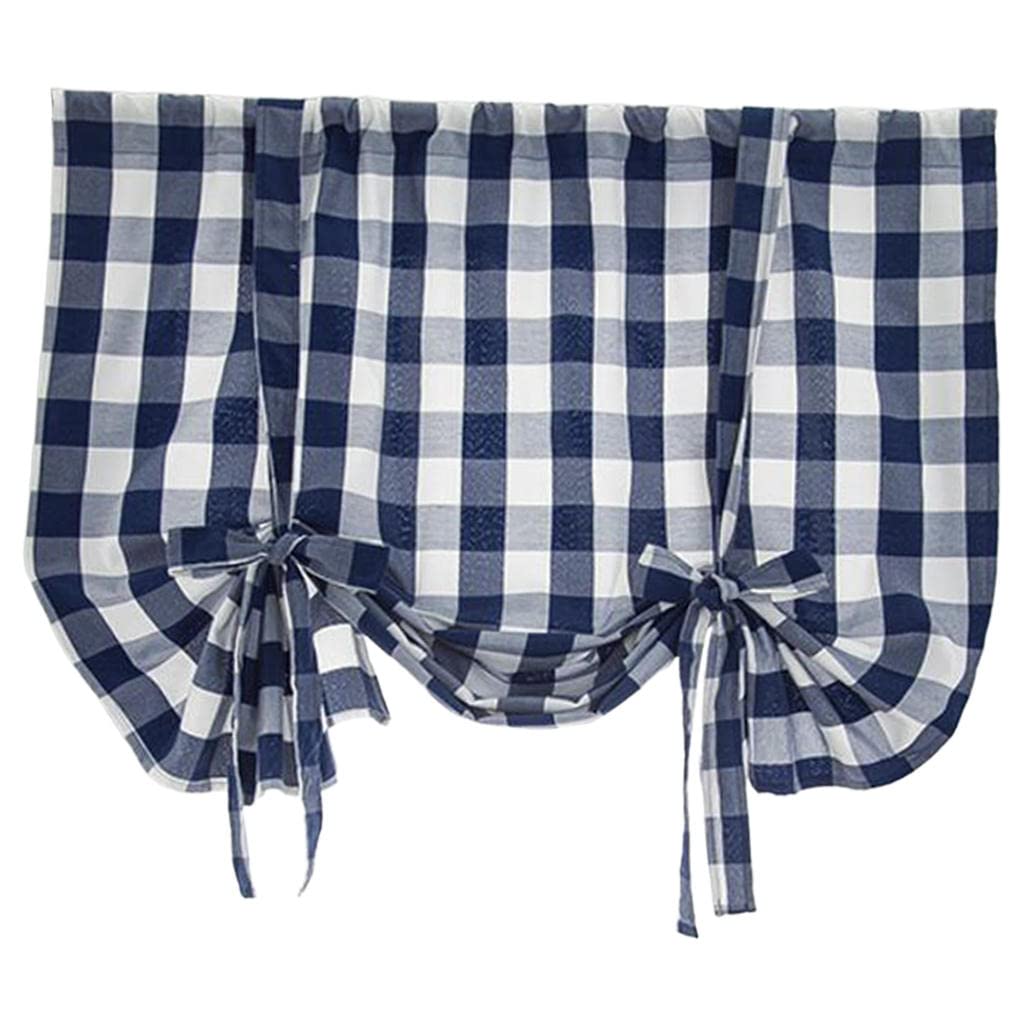 FAKEME Blue Plaid Gingham Farmhouse Window Curtains - Adjustable Tie-Up Kitchen & Cafe Curtain Shades (60x120cm) for Rustic Home Decor, Perfect for Farmhouse Kitchens, Dining Rooms and Cozy Cafés