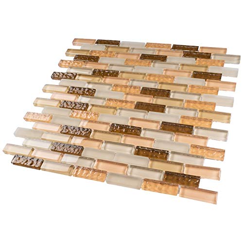 Mini Brick Mix Glass Mosaic Tiles - 10 Sheets/Case (Beige & Caramel) - Waterproof Peel & Stick Backsplash for Bathroom, Kitchen, Shower, Fireplace - DIY Home Decor & Wall Accent