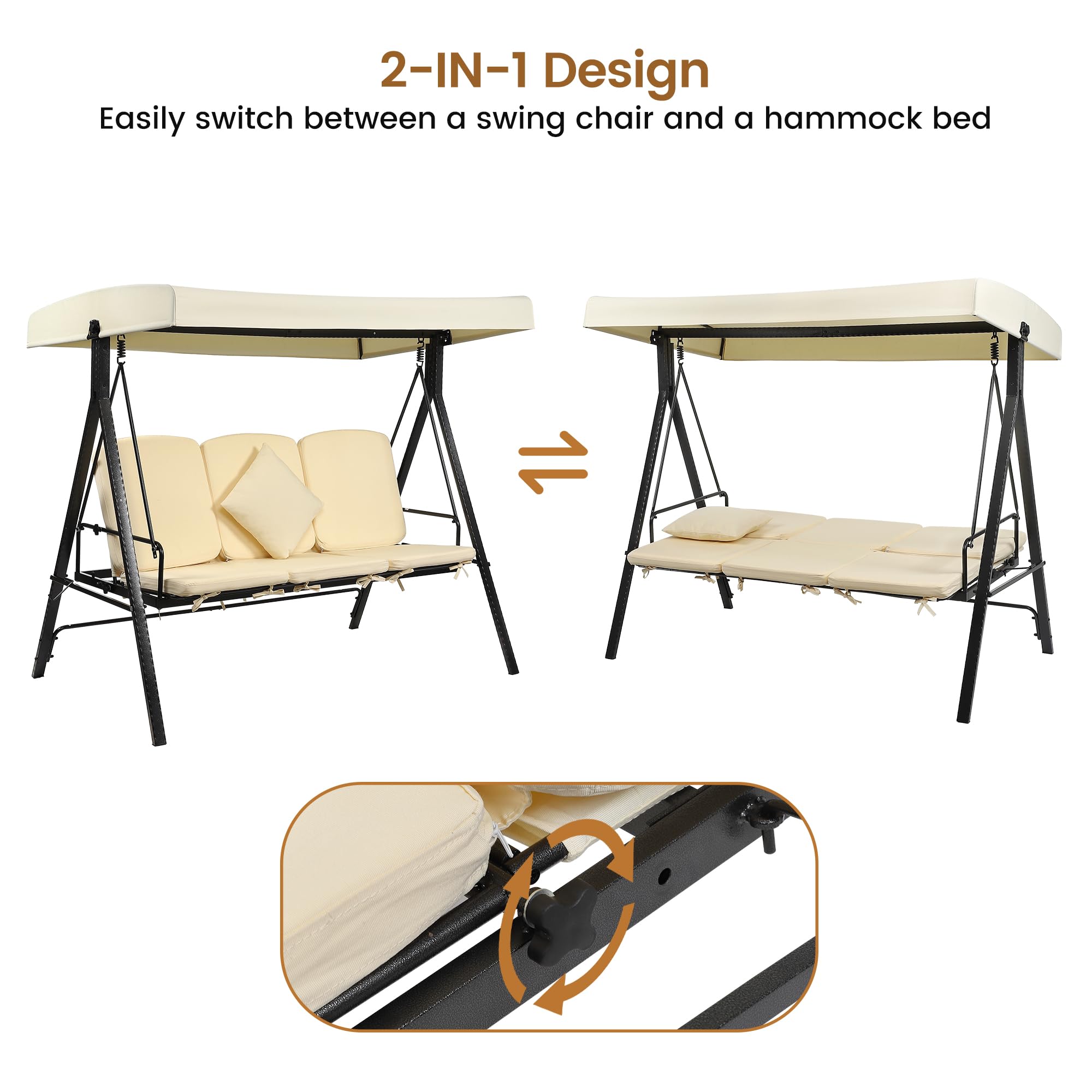 GARVEE 3-Seat Outdoor Patio Swing Chair with Canopy - 2-in-1 Convertible Porch Swing for Backyard, Garden & Patio - Heavy Duty Weather-Resistant Hanging Bench - Perfect for Relaxing, Reading & Outdoor Entertaining