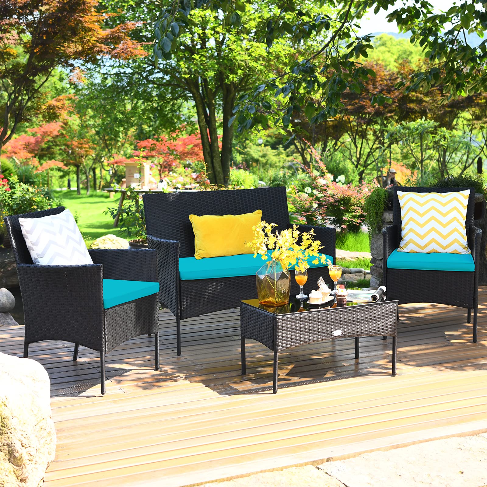 Tangkula 4-Piece Outdoor Patio Furniture Set - Wicker Conversation Set with Tempered Glass Coffee Table, Rattan Loveseat & Chairs with Cushions - Perfect for Backyard, Garden, Poolside, and Patio (Turquoise)