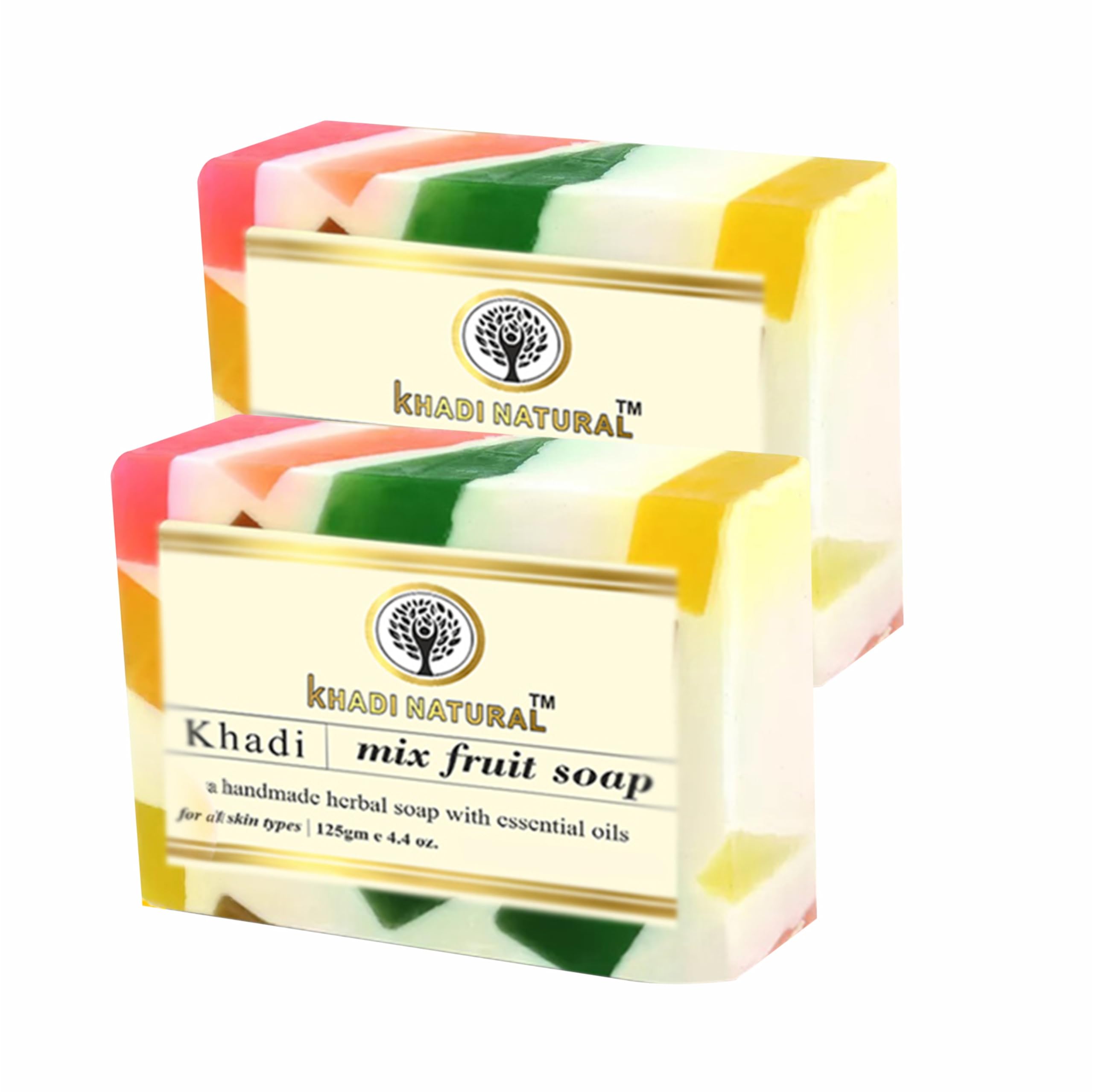 Khadi Natural Mix Fruit Herbal Soap 125g - Organic Essential Oils for Glowing Skin | Deeply Moisturizing Bath Bar for All Skin Types | Vegan, Chemical-Free Cleansing | Pack of 2 | Perfect for Daily Skincare Routine & Spa-Like Bath Experience