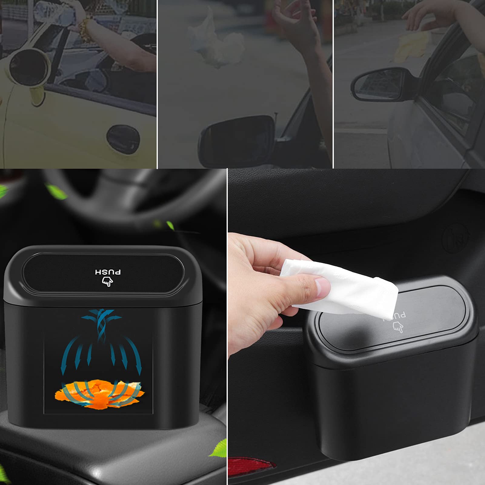 3-Pack Leakproof Car Trash Can with Lid & 60 Trash Bags - Universal Vehicle Garbage Bin Organizer for Auto, Office, Home - Perfect for Road Trips, Commuting, and Keeping Vehicles Clean (Black)