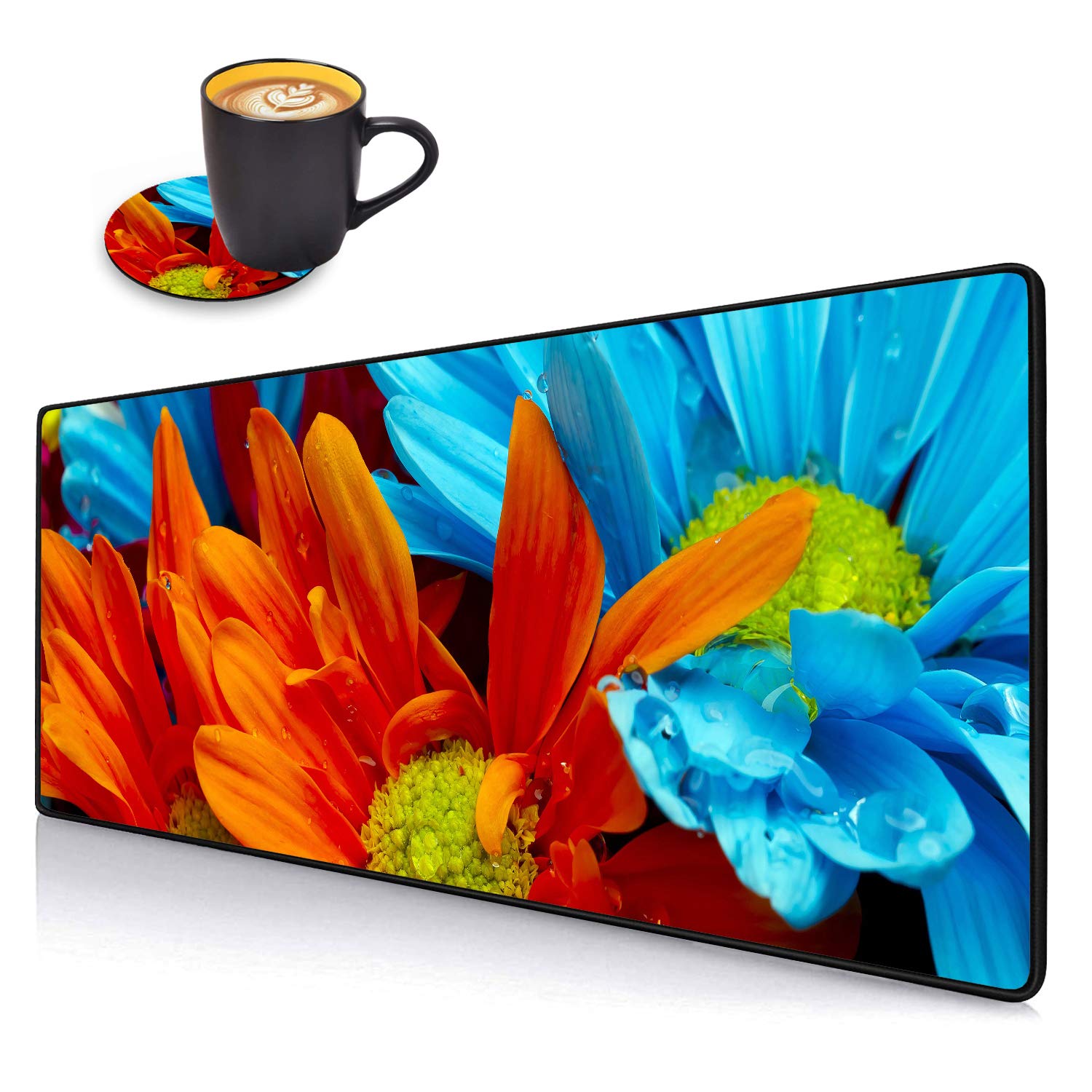 XXL Large Gaming Mouse Pad with Coasters Set - Stitched Edges Desk Mat for Laptop & Computer, Colorful Daisy Flowers Design for Office & Home Use - Perfect for Gaming, Work, and Study