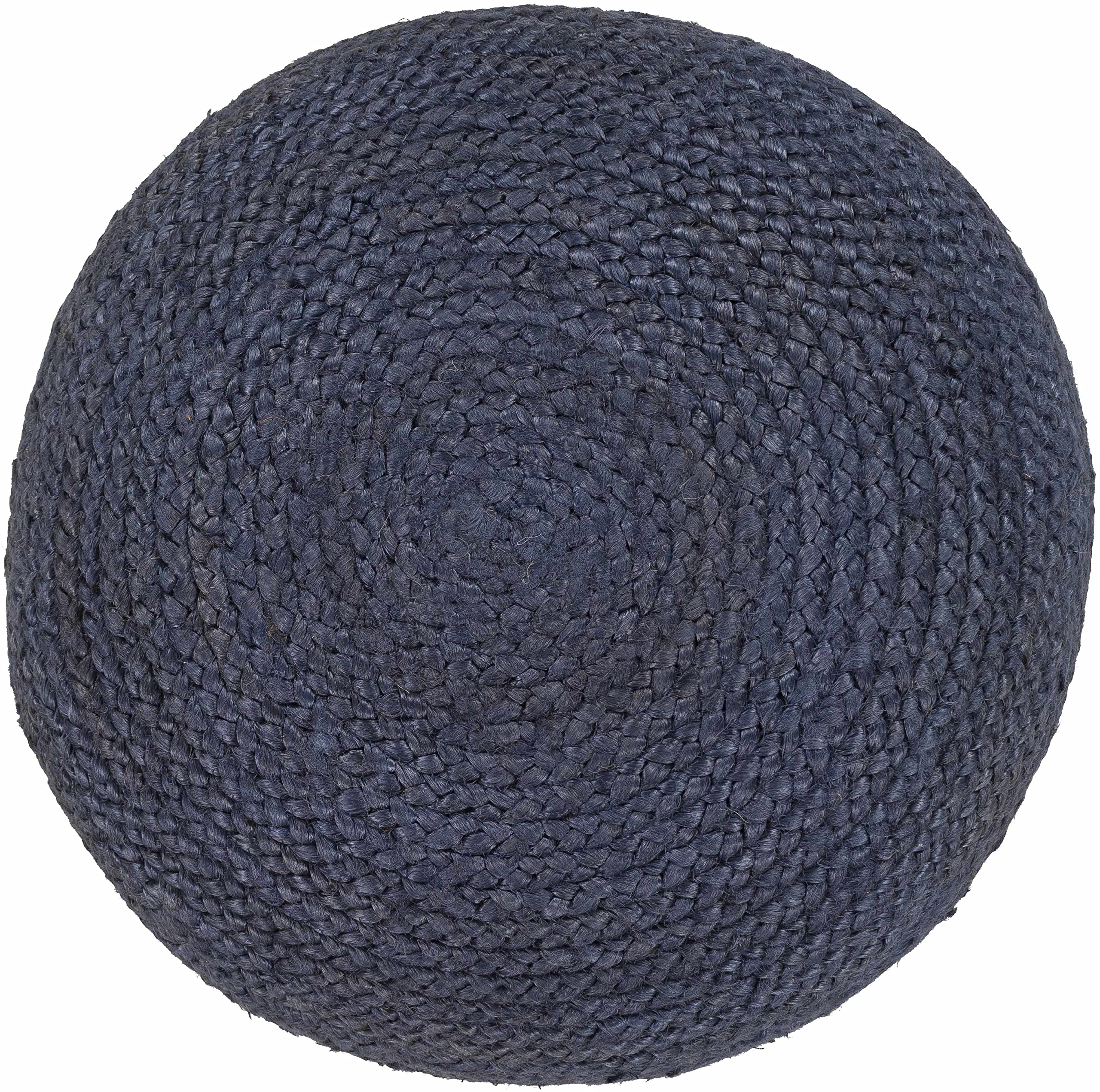 Hauteloom Gail Natural Wicker Jute Round Pouf Ottoman - Braided Woven Foot Stool with 100% Polybead Fill - Dark Blue Cylinder Ottoman 19.75