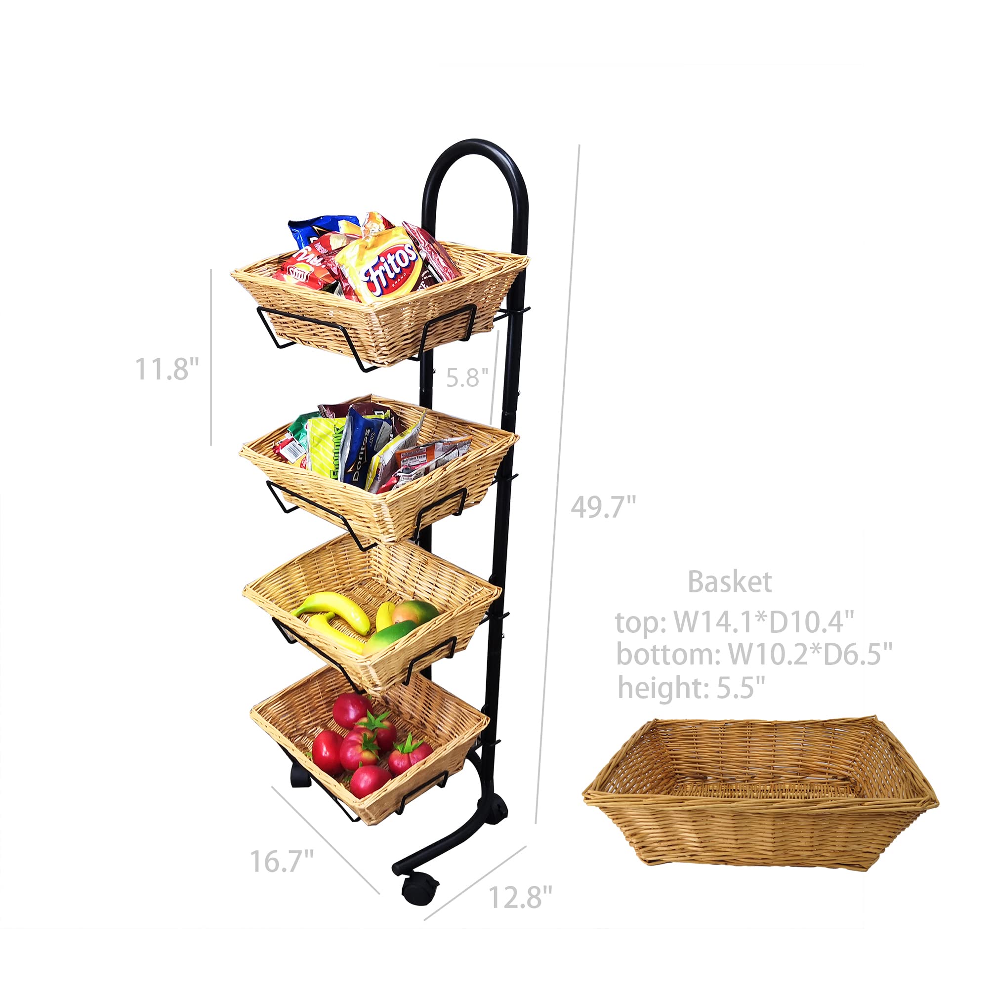 FixtureDisplays® 4-Tier Rolling Wicker Basket Display - Mobile Kitchen Pantry Organizer & Market Merchandiser Stand with Wheels - Perfect for Grocery Stores, Farmers Markets, and Home Storage Solutions