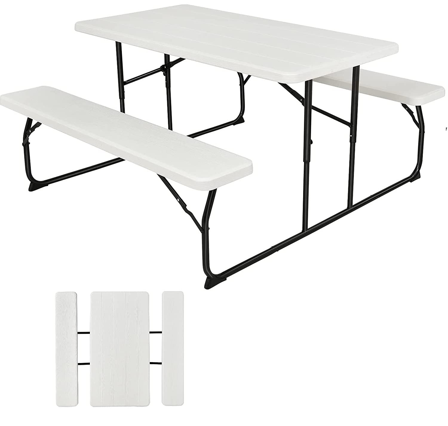 Hysache Folding Picnic Table Bench Set - 4-6 Person Portable Outdoor Dining Table with Wood-Like Texture & Weather-Resistant Metal Frame - Perfect for Camping, Backyard BBQs, Picnics, and Patio Parties (White)