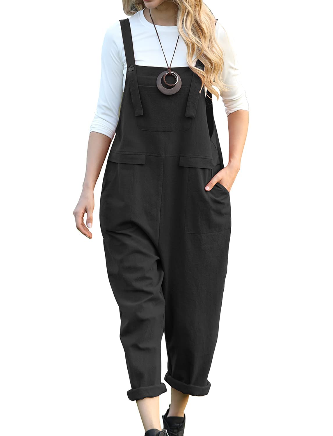 YESNO Women's Casual Loose Bib Overalls - Baggy Jumpsuit with Pockets | Comfortable Long Romper for Everyday Wear, Outings & Street Fashion (Style PV9)