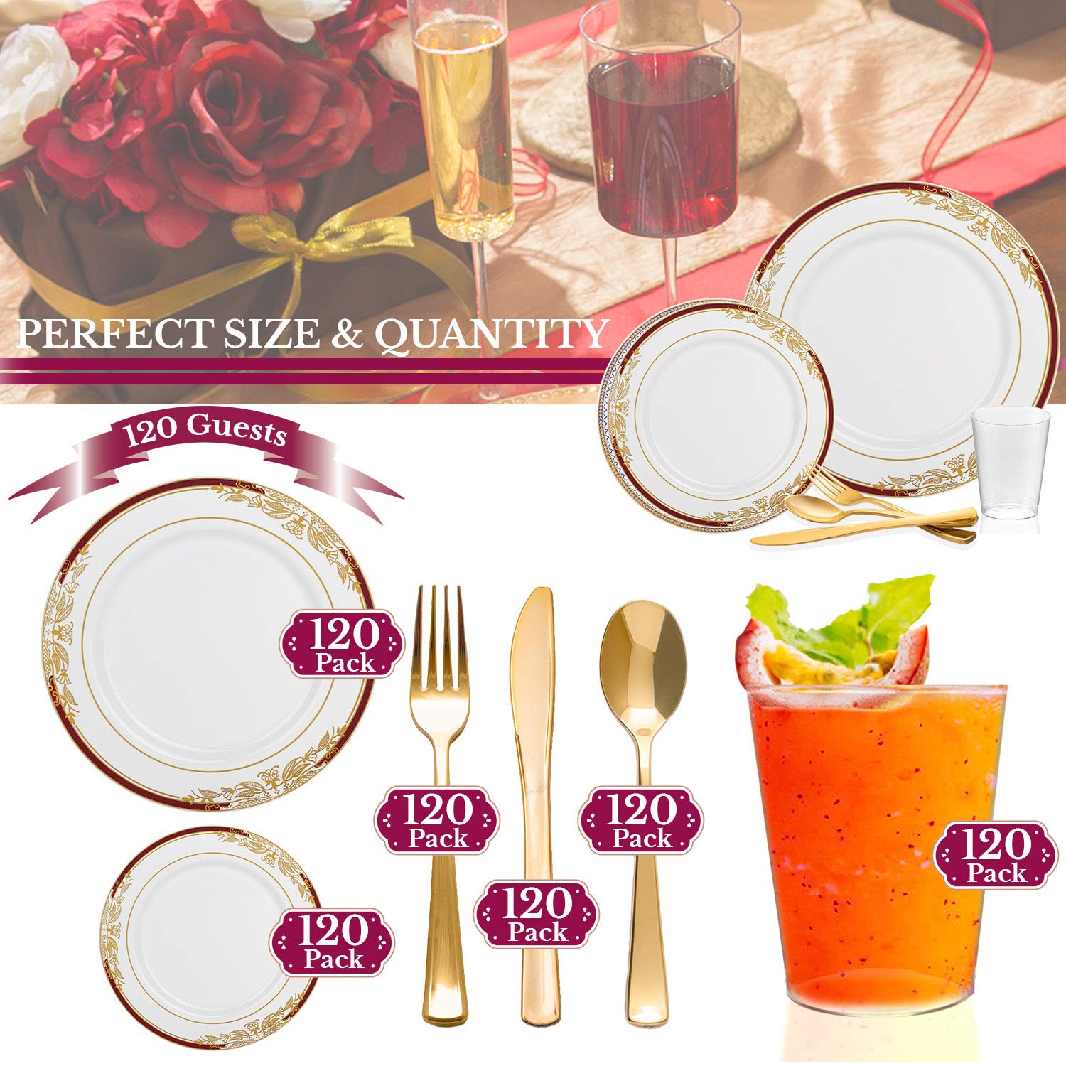 Premium Heavy Duty Disposable Plastic Dinnerware Sets - Elegant Gold & Burgundy Wedding Plates, Forks, Knives (120-Piece Value Pack) | Perfect for Weddings, Birthdays, Parties & Special Events | Durable & Stylish Tableware for Large Gatherings