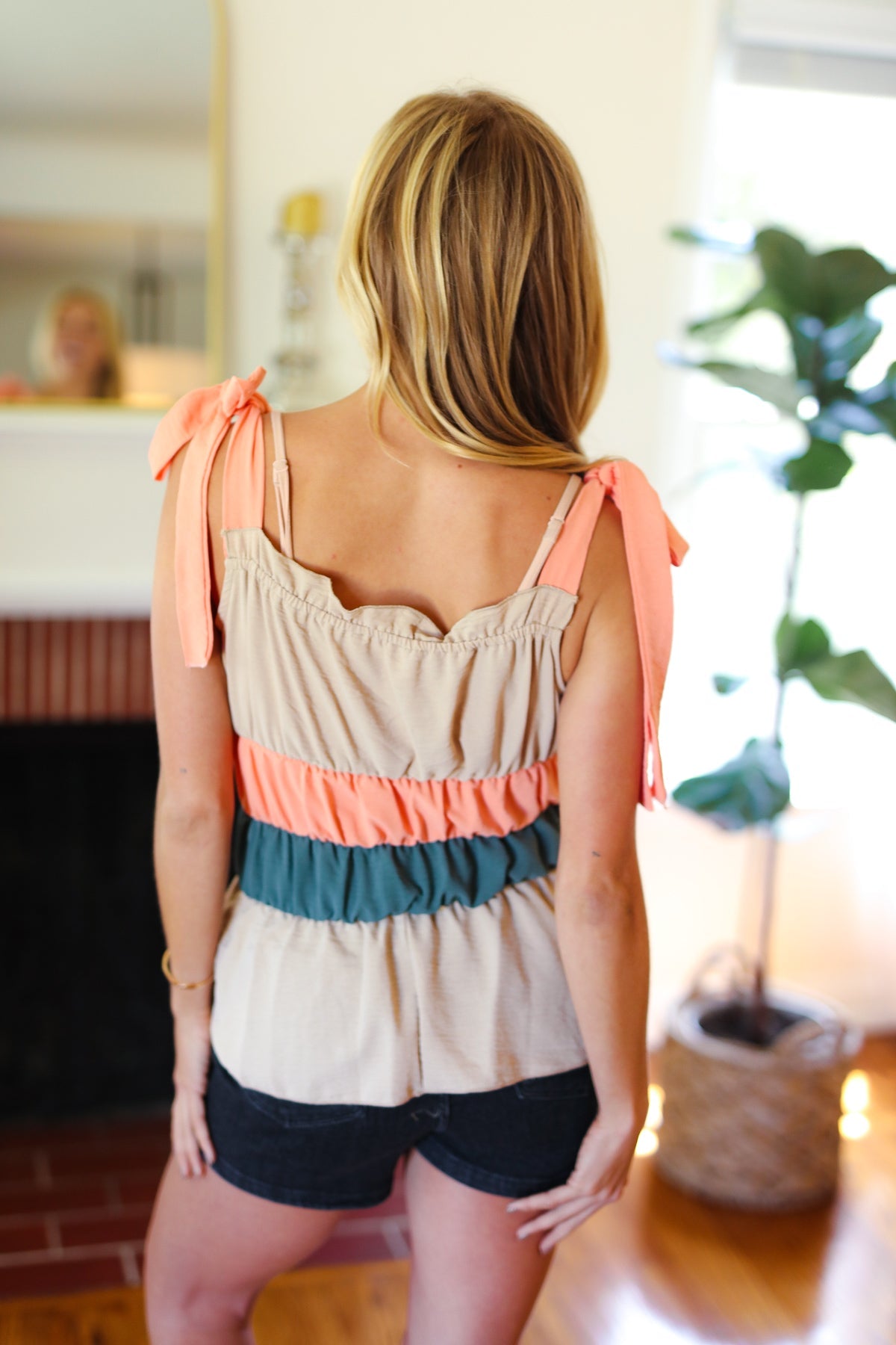Stylish Peach Tie Knot Shoulder Detail Color Block Blouse for Women | Trendy Casual & Office Wear | Perfect for Dates, Work, and Parties