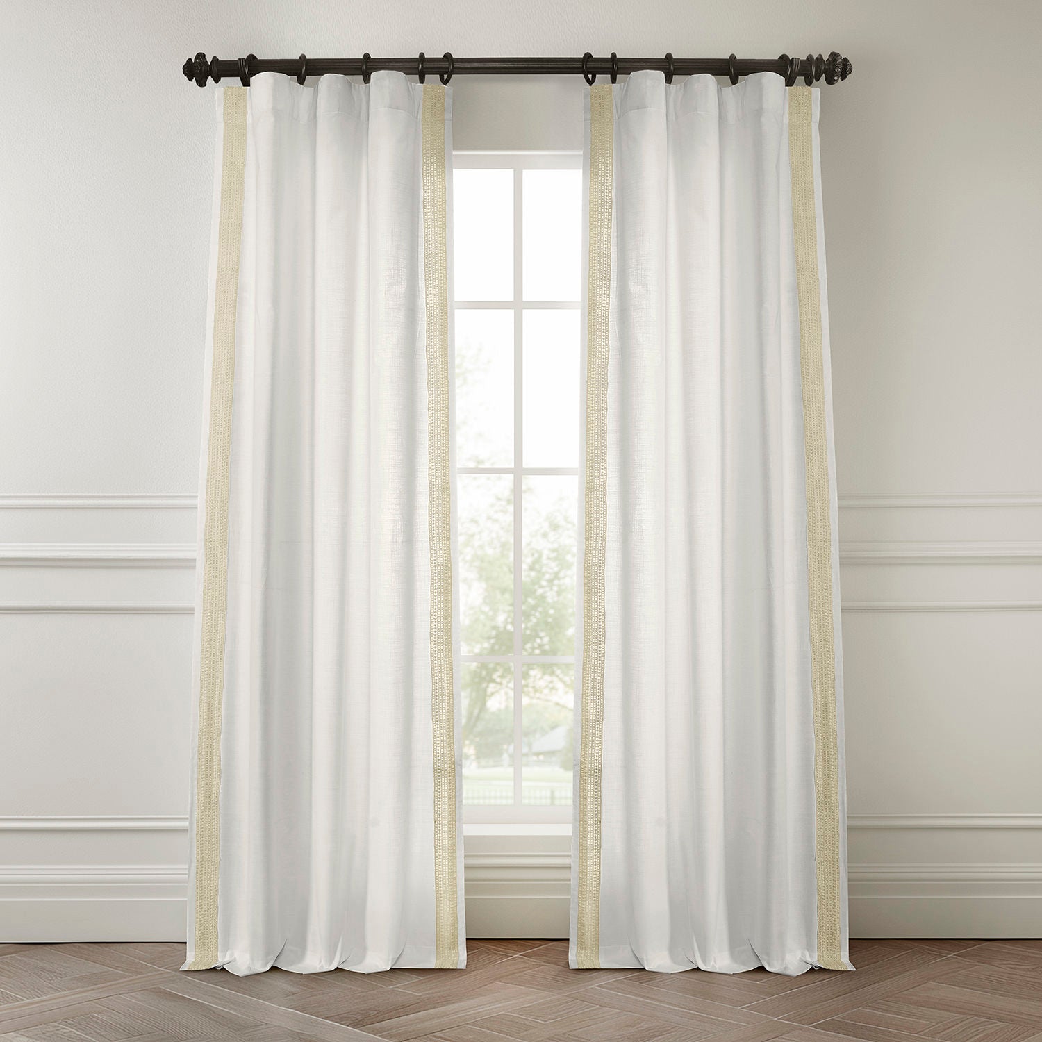 Modern Hampton Textured Cotton Light Filtering Curtains - White Lattice Design with Border for Living Room & Bedroom Window Treatment