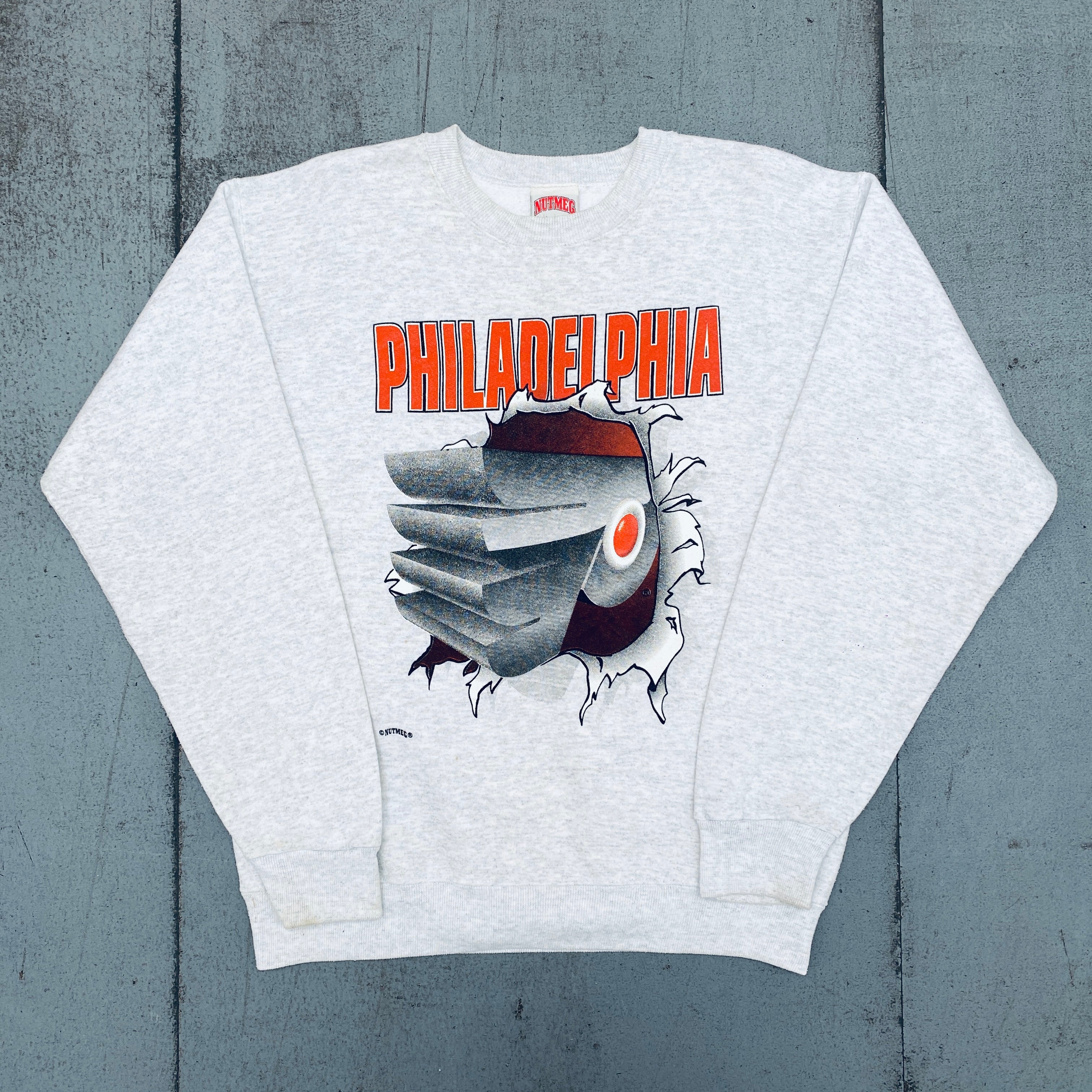 Philadelphia Flyers 1990s Vintage Breakthrough Graphic Spellout Sweatshirt for Men - Perfect for Game Day & Retro Sports Fashion