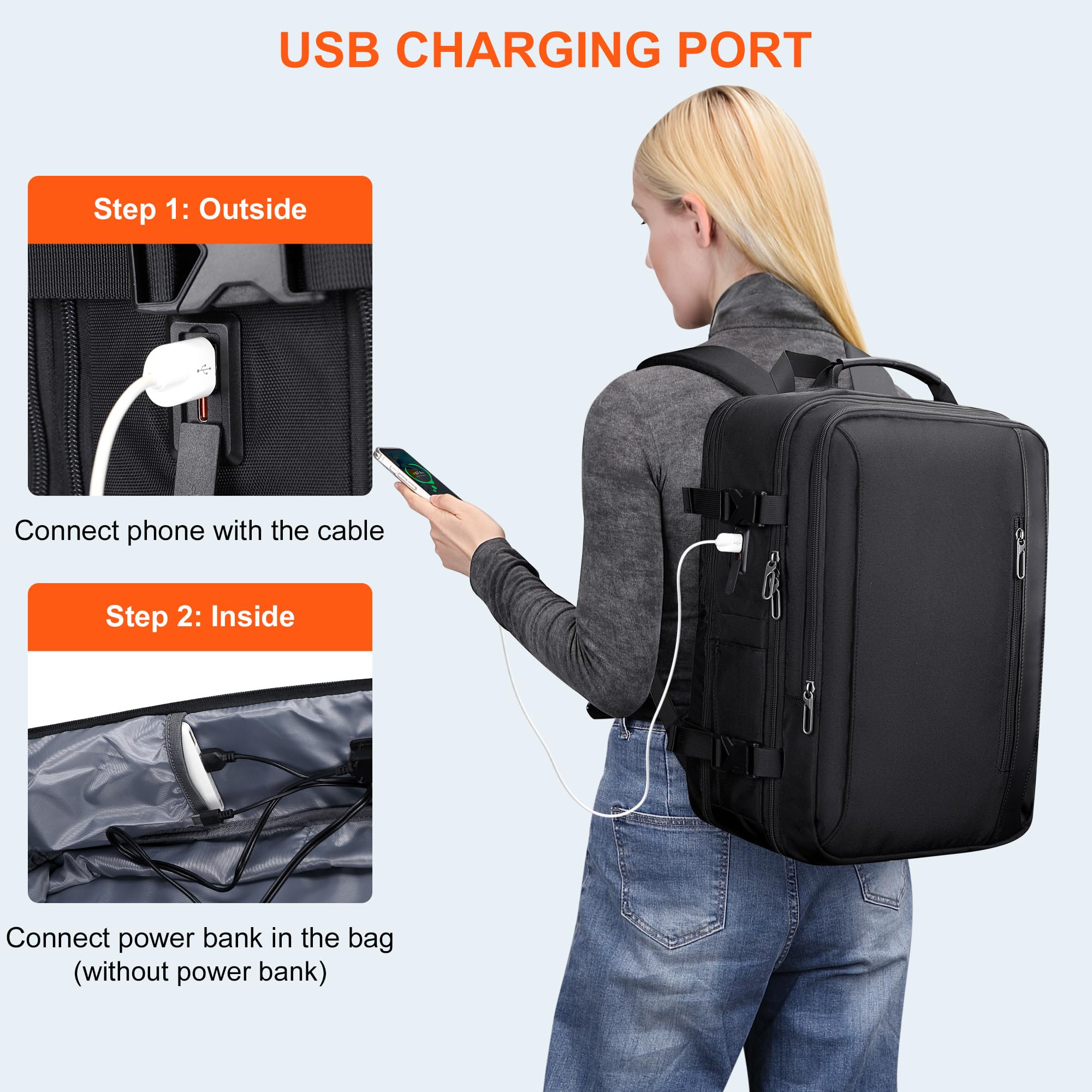 PIJUSHI Expandable 40L Travel Backpack for Women & Men - Flight Approved Carry On Backpack with USB Charging Port & 16 Inch Laptop Compartment (Black) - Perfect for Business Trips, Weekend Getaways & Airplane Travel